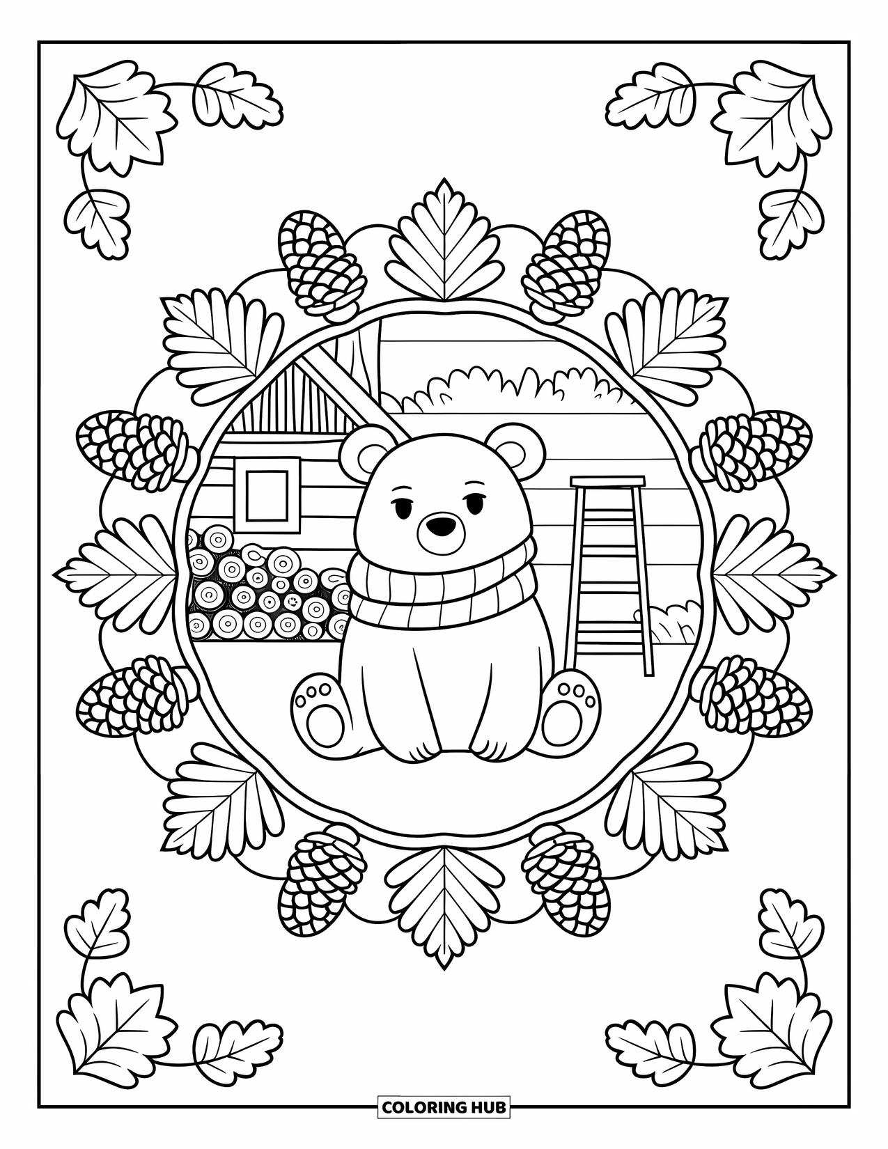 Fall Animal Coloring Page for Adults: Scarfed bear rests near a log cabin inside a leafy mandala