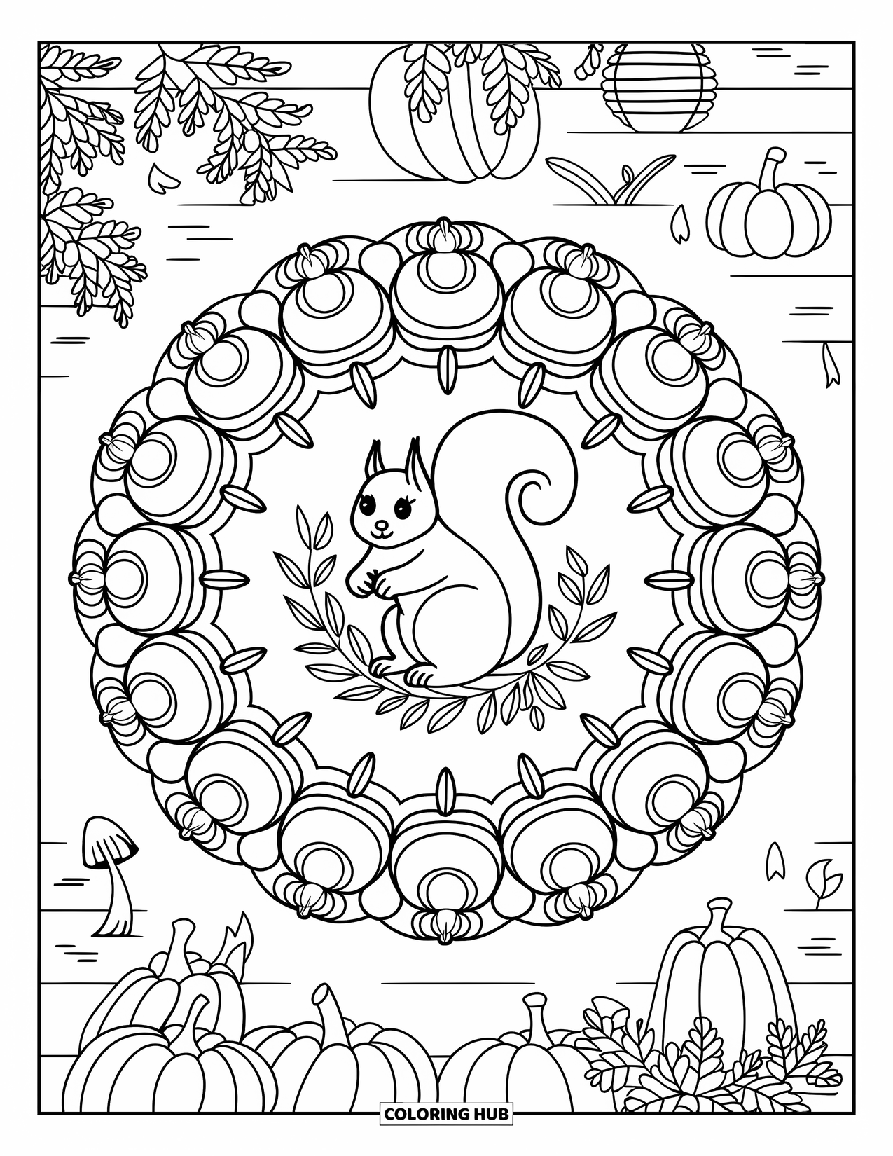 Fall Animal Coloring Page for Adults: Squirrel holds a pumpkin inside a mandala of mushrooms in a cozy forest