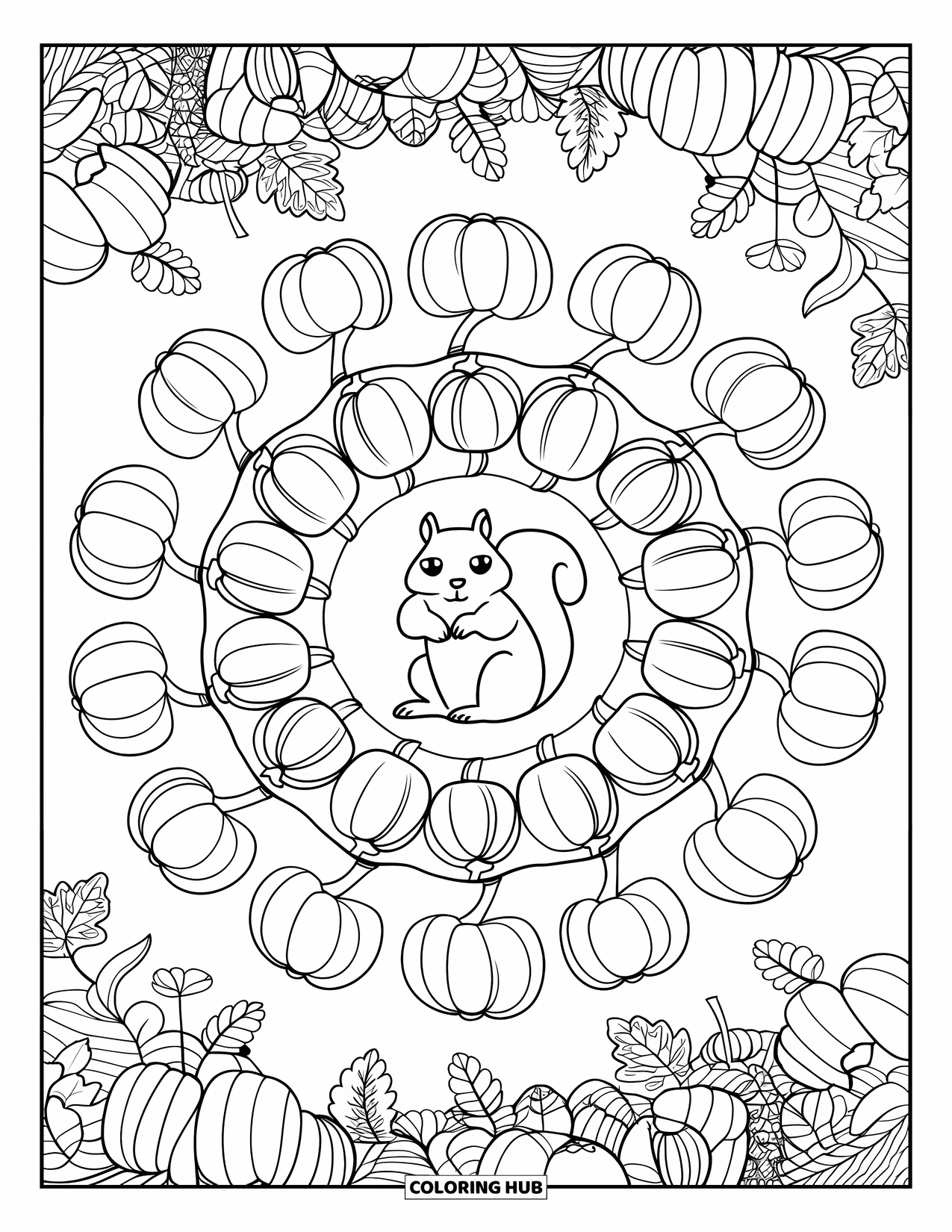Fall Animal Coloring Page for Adults: Squirrel rests at the center of a mandala with pumpkins and forest patterns