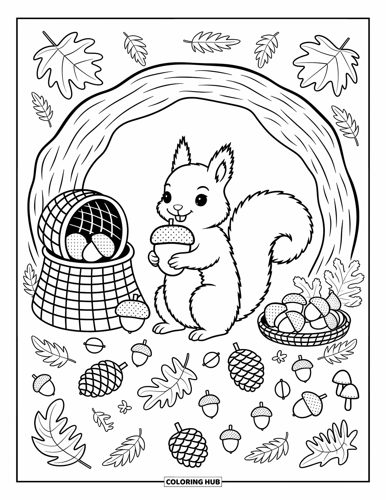 Fall Animal Coloring Page for Adults: Squirrel stands proudly with a huge acorn beside baskets and autumn leaves