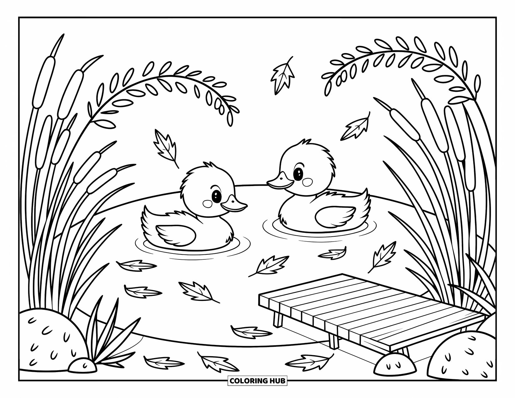 Fall Animal Coloring Page for Adults: Two ducklings float peacefully in a pond with falling leaves and cattails