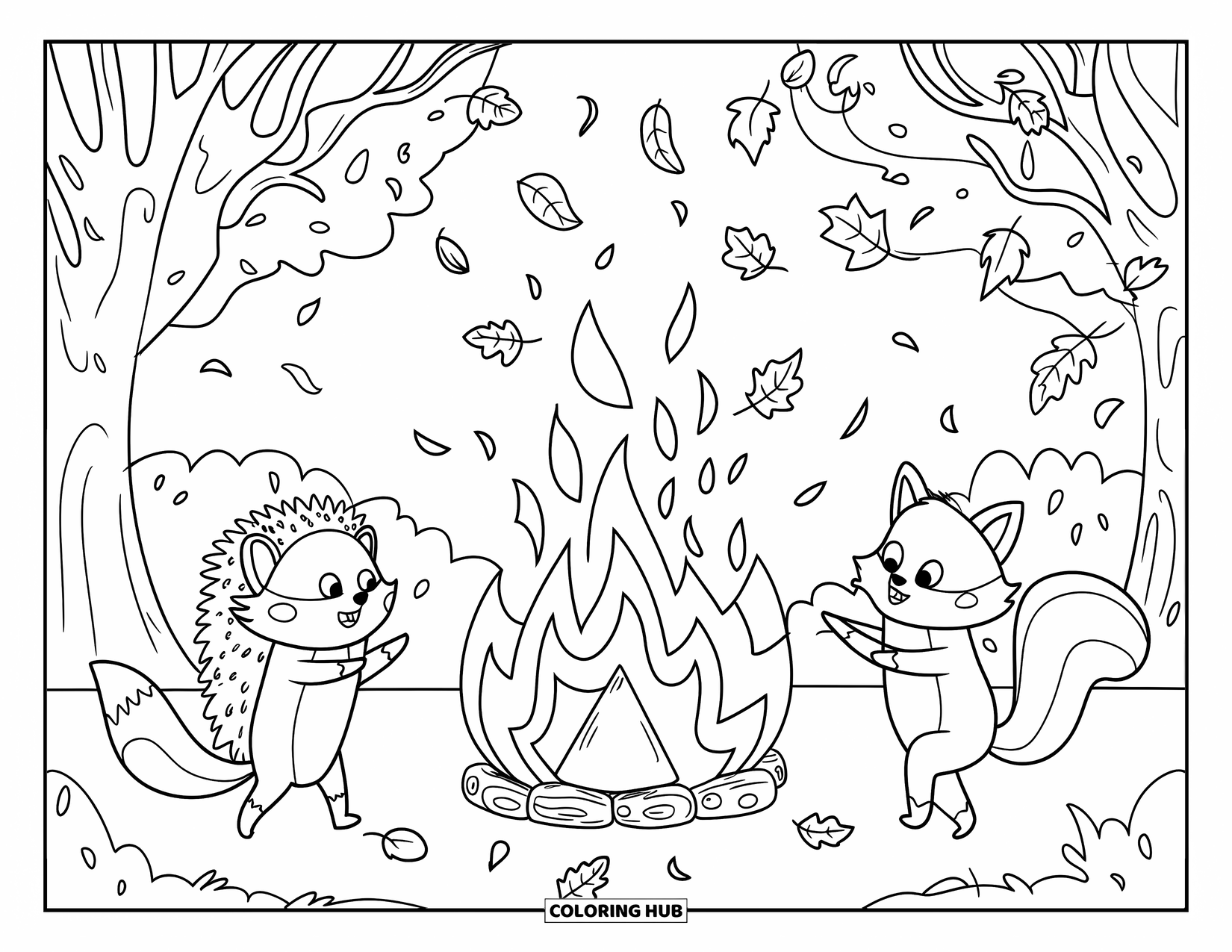 Fall Animal Coloring Page for Kids: Animals dancing with swirling leaves near a forest bonfire