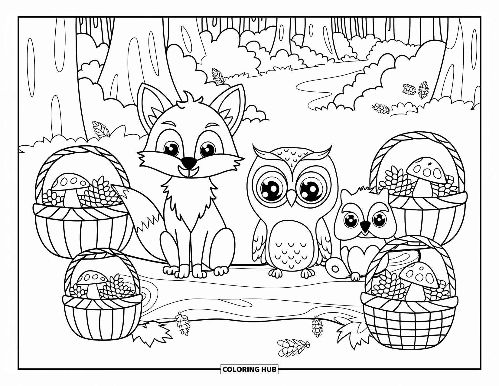 Fall Animal Coloring Page for Kids: Animals sit on a log with baskets in the autumn woods