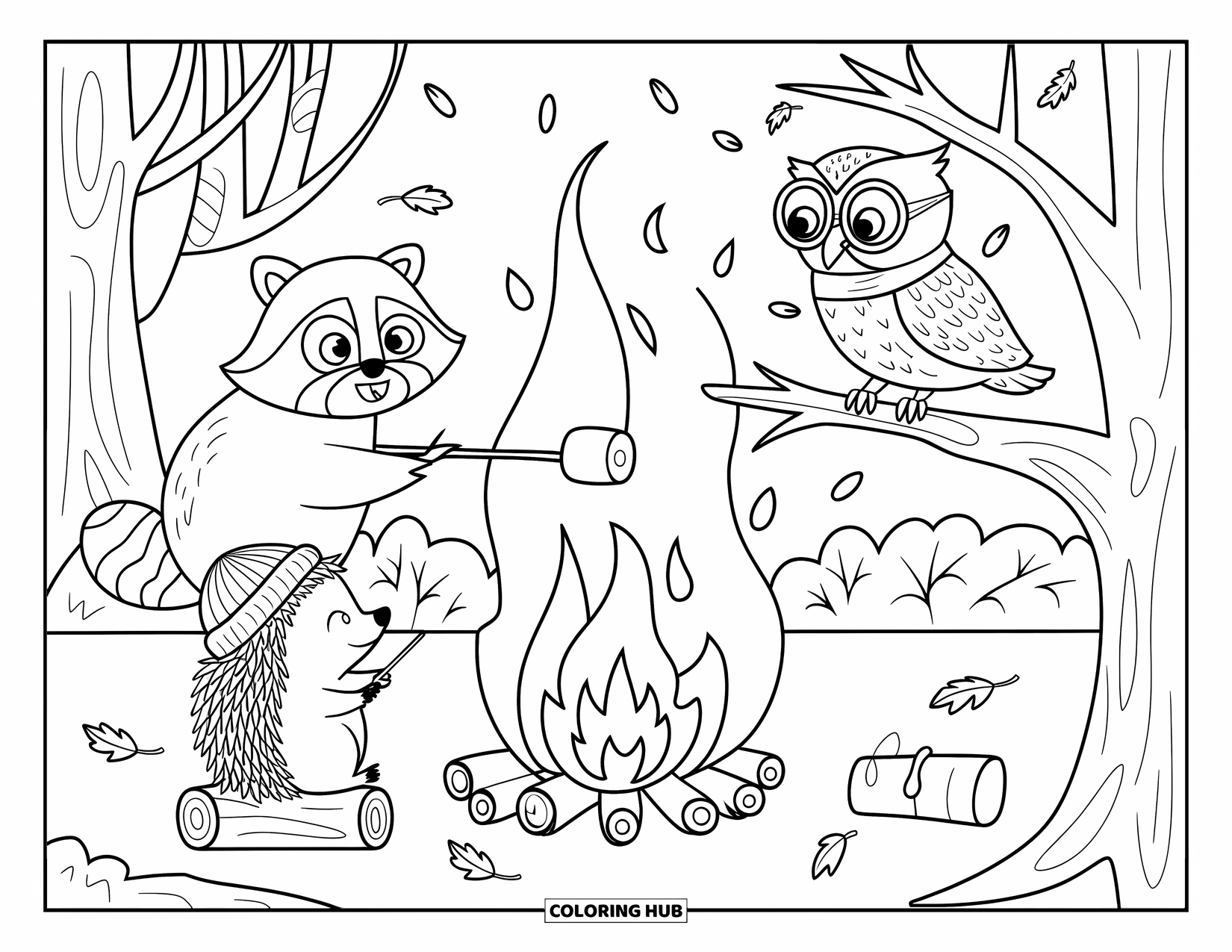 Fall Animal Coloring Page for Kids: Animals snack together near a fire under the autumn trees
