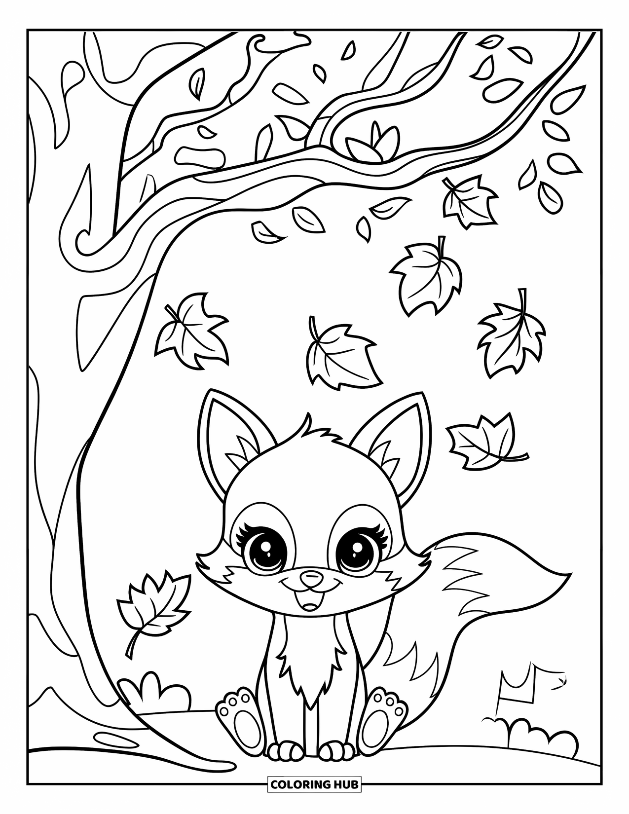 Fall Animal Coloring Page for Kids: Baby fox sits under a tree with falling leaves