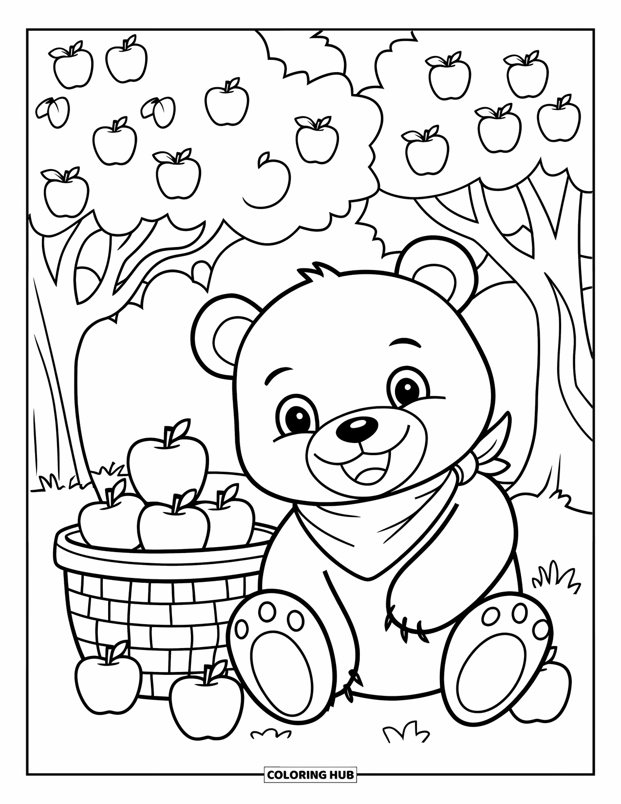 Fall Animal Coloring Page for Kids: Bandana-wearing bear sits beside a basket of apples
