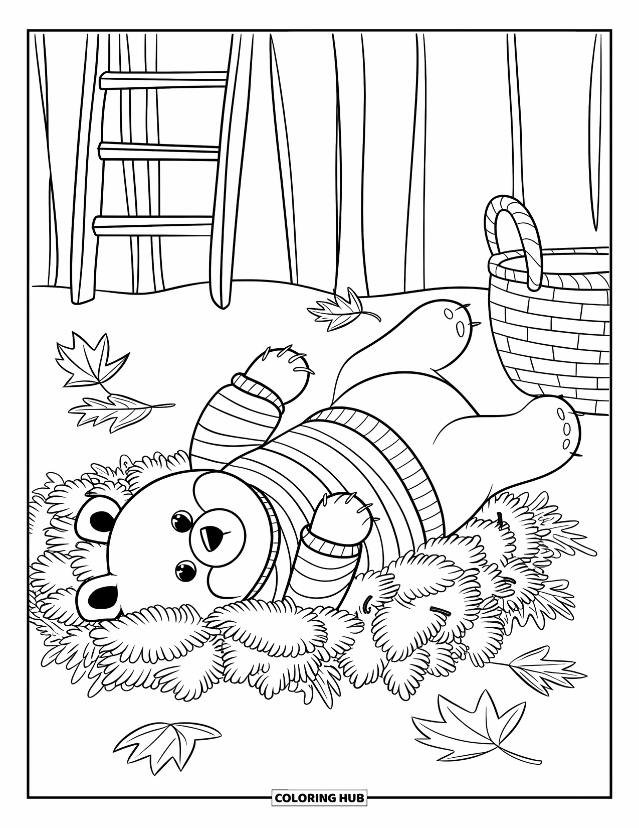 Fall Animal Coloring Page for Kids: Bear wearing stripes rests in a leafy, cozy backyard