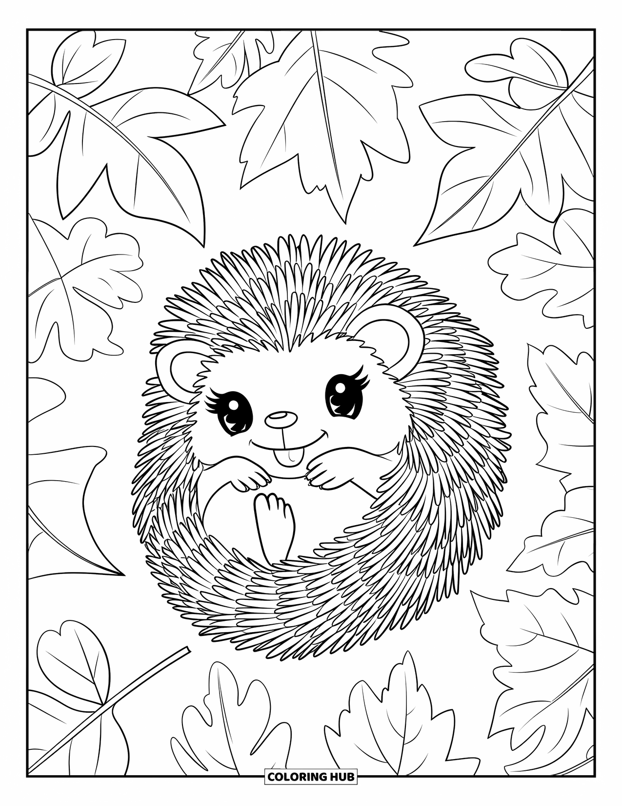 Fall Animal Coloring Page for Kids: Cute hedgehog naps under big bold leaves