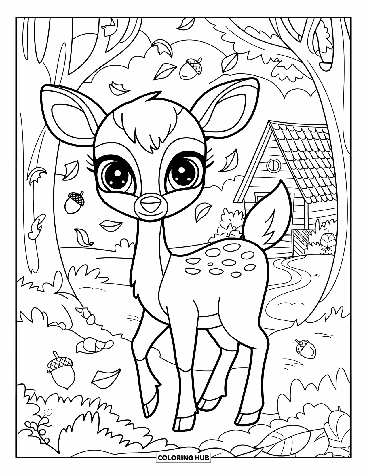 Fall Animal Coloring Page for Kids: Deer near cabin surrounded by floating acorns and cozy trees
