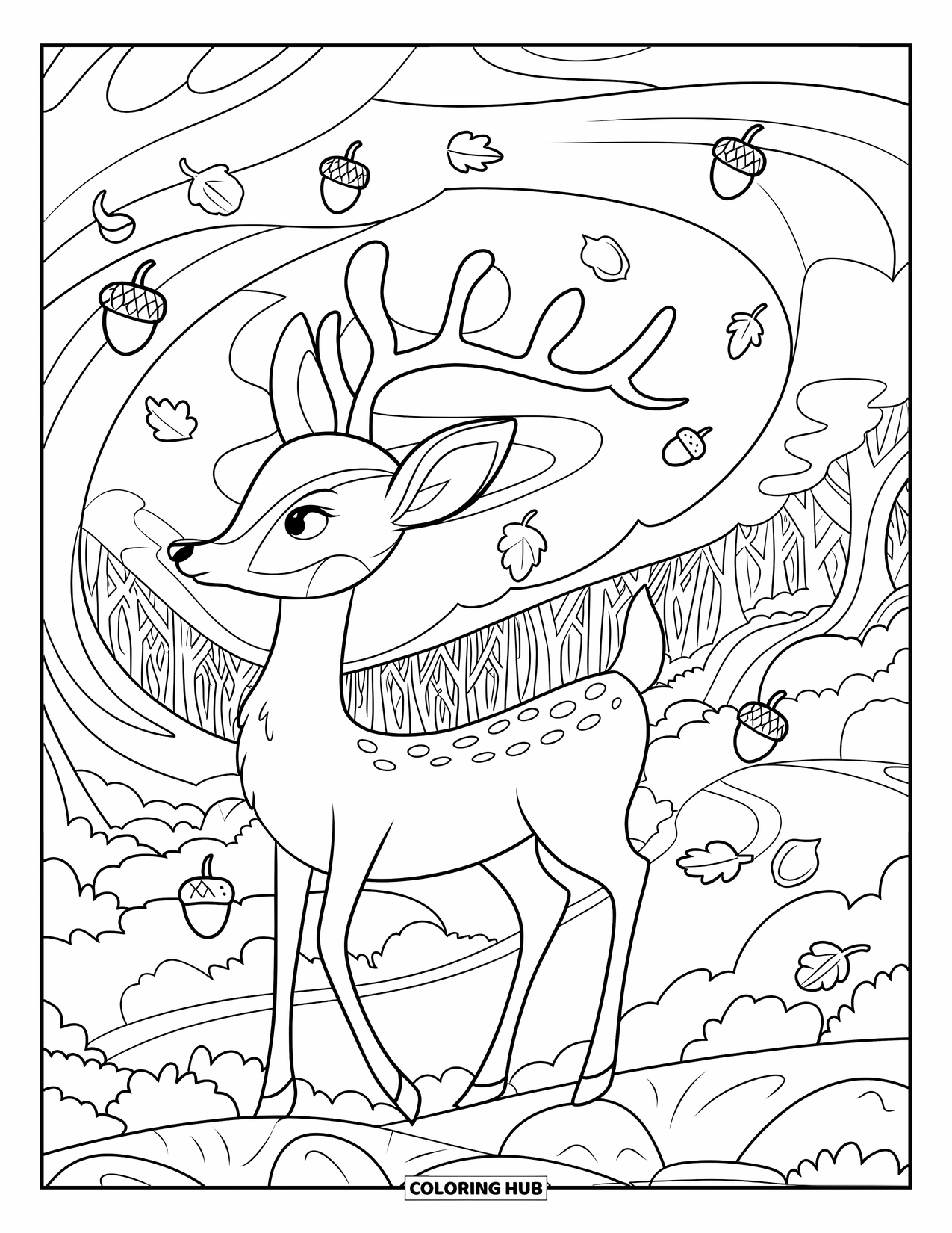 Fall Animal Coloring Page for Kids: Deer on rocky ground with wind and acorns swirling