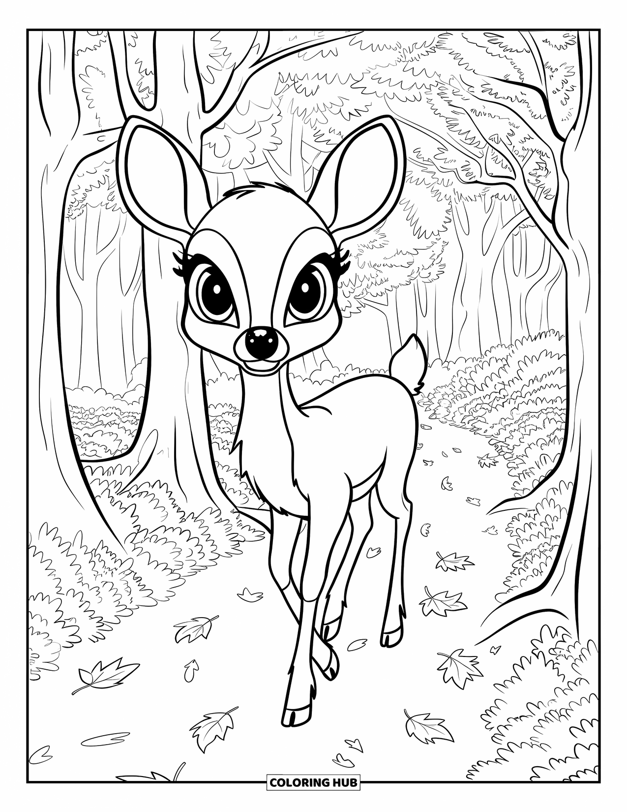 Fall Animal Coloring Page for Kids: Deer walks along a trail with crunchy leaves