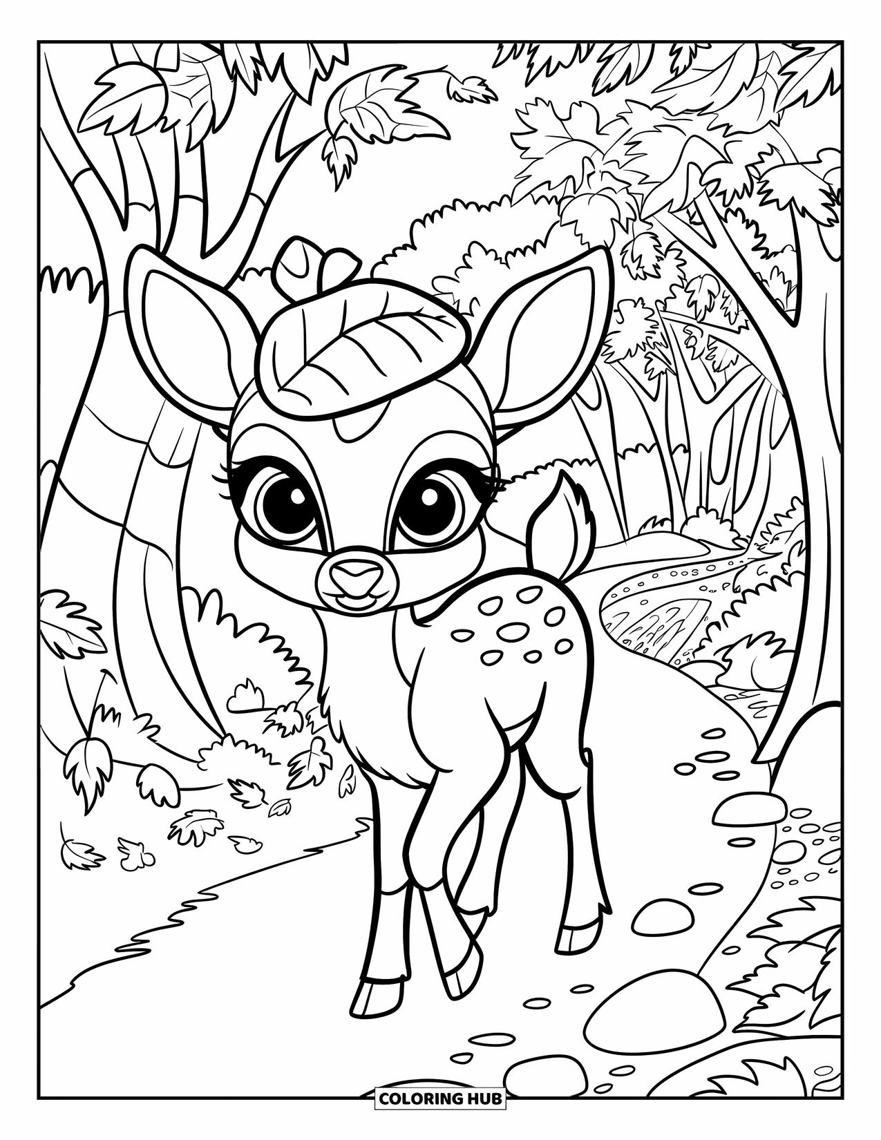 Fall Animal Coloring Page for Kids: Deer with a leaf hat walks among forest rocks