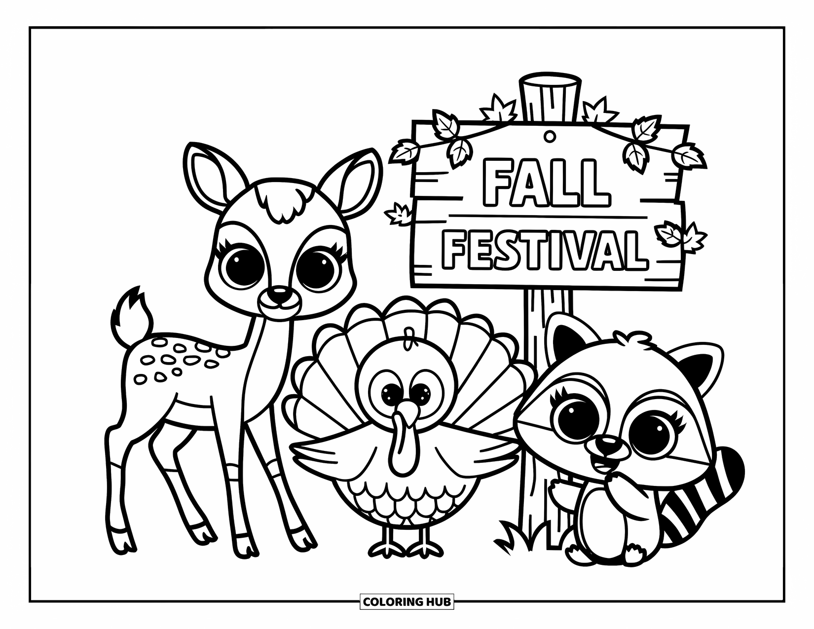 Fall Animal Coloring Page for Kids: Fall Festival sign with animals and leafy garlands