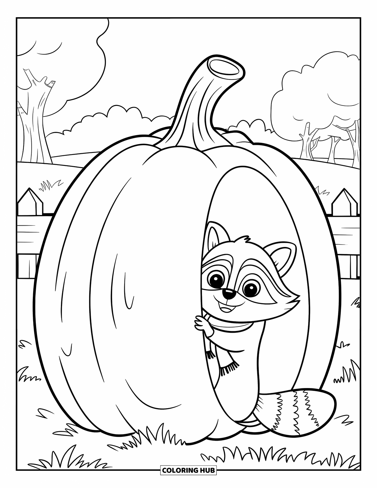 Fall Animal Coloring Page for Kids: Fluffy raccoon in scarf hides behind a big pumpkin