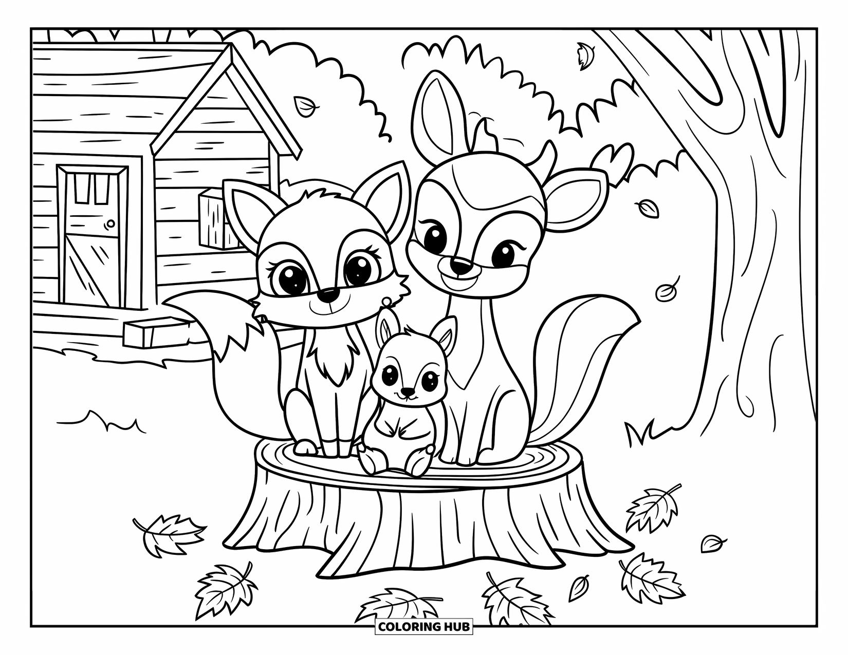 Fall Animal Coloring Page for Kids: Fox, deer, and squirrel rest by a cabin with trees