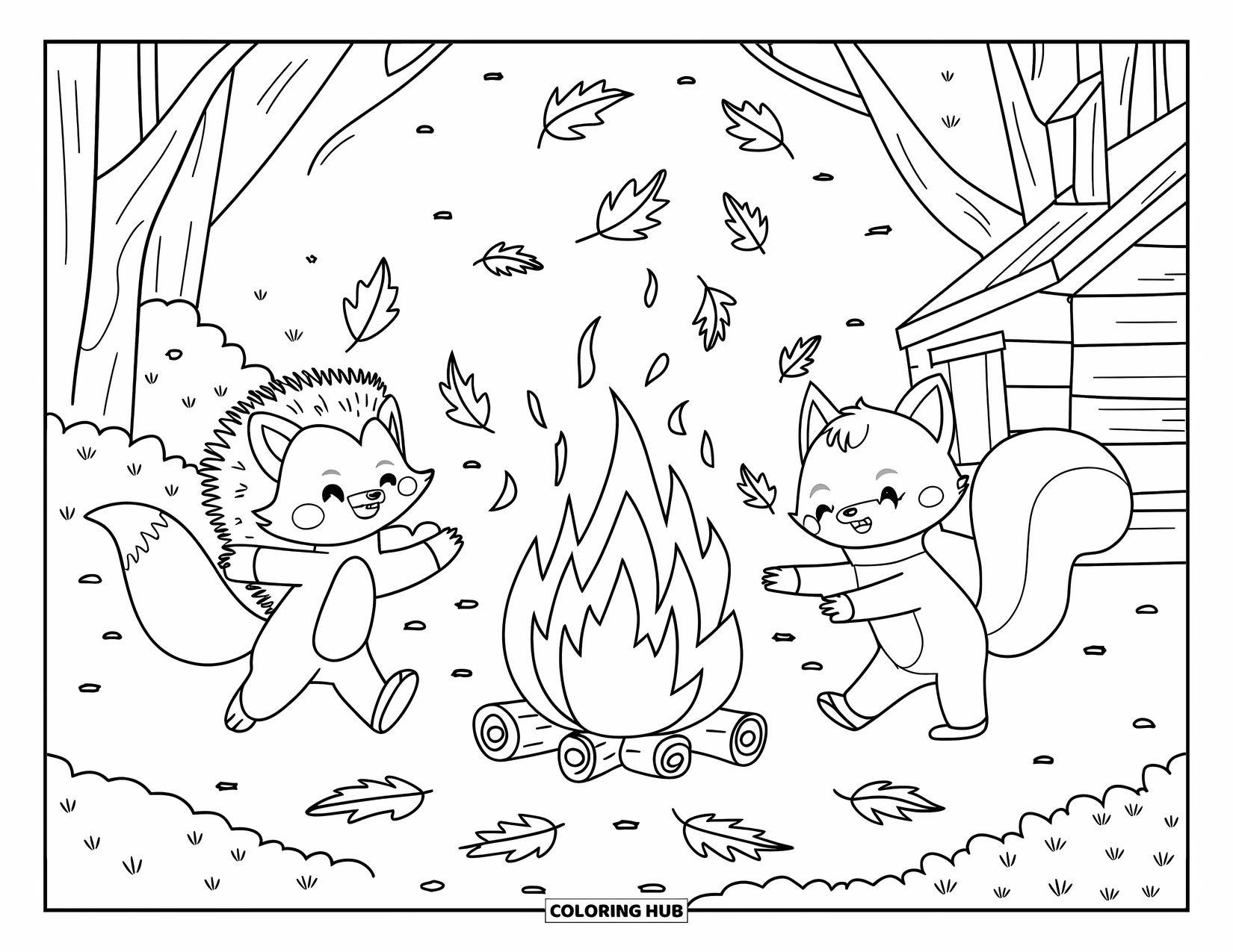 Fall Animal Coloring Page for Kids: Fox, hedgehog, and squirrel dancing around a warm fall bonfire