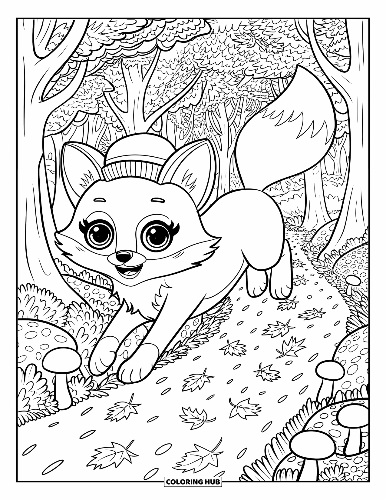 Fall Animal Coloring Page for Kids: Fox jumps past mushrooms along a leafy trail