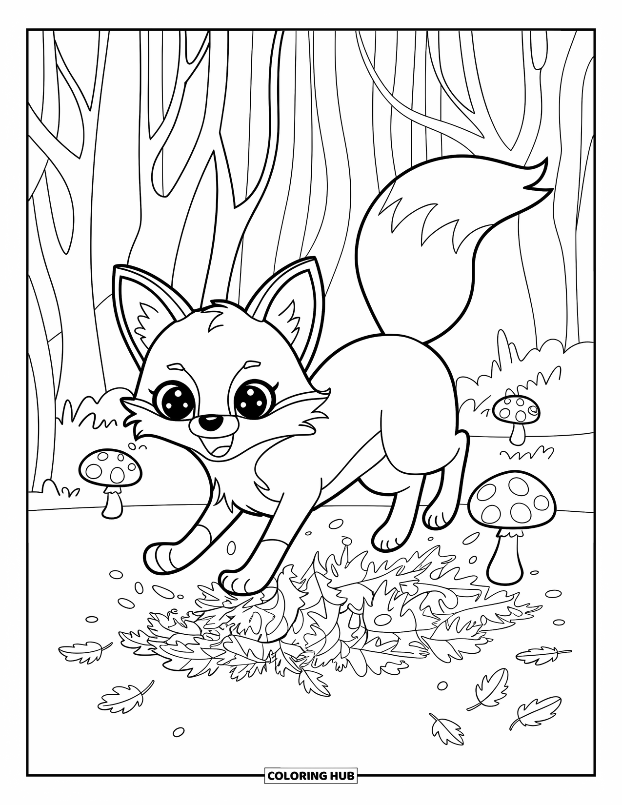 Fall Animal Coloring Page for Kids: Fox jumps through leaves and mushrooms in the forest