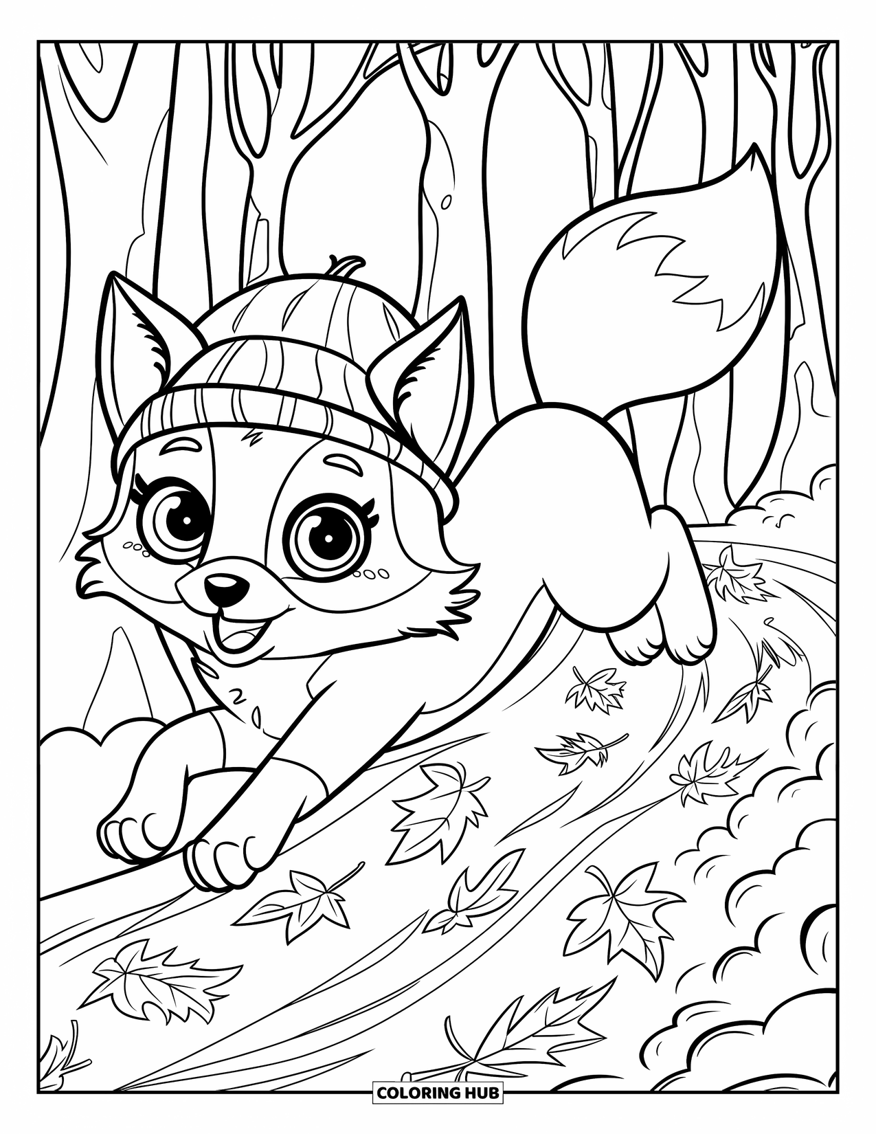 Fall Animal Coloring Page for Kids: Fox leaps through leaves on a forest path