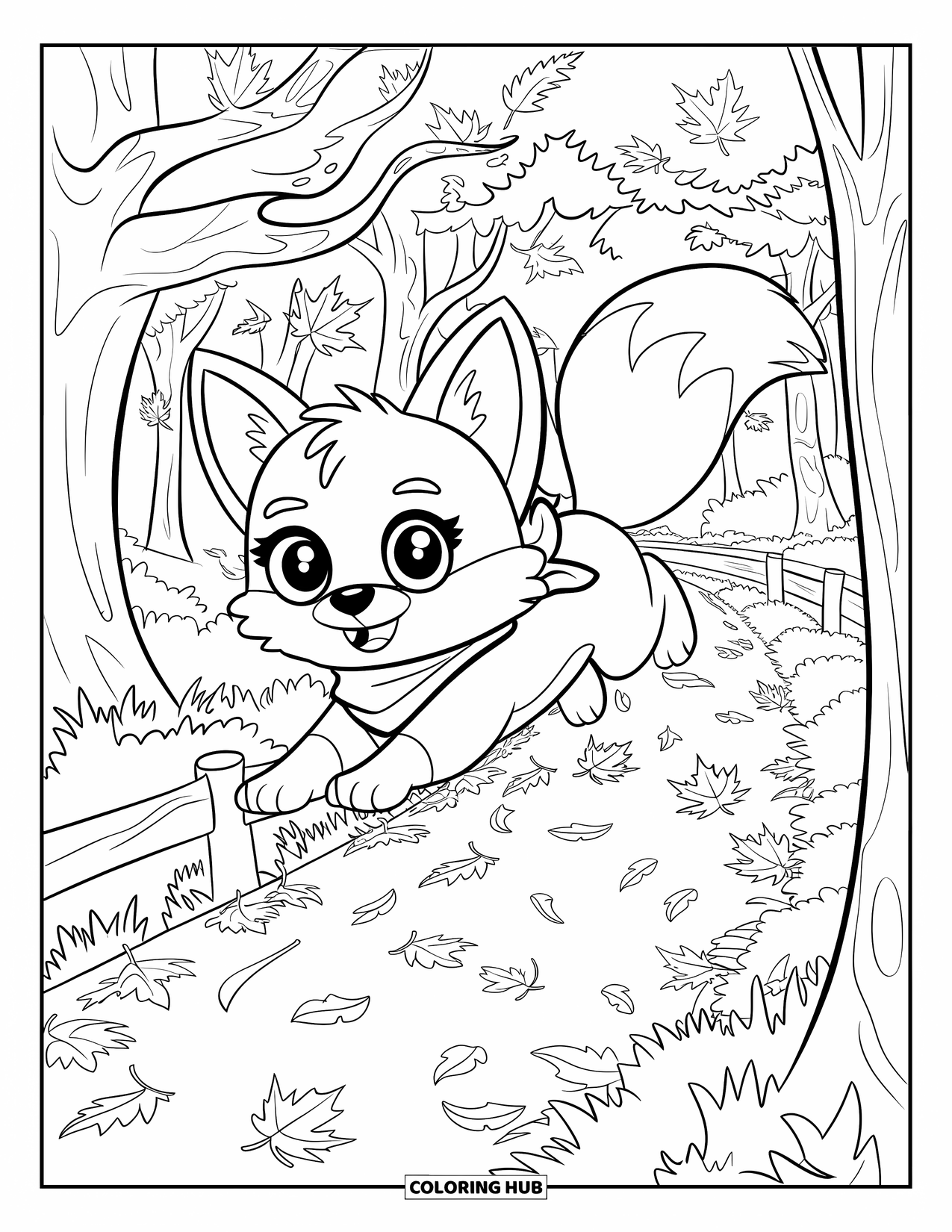 Fall Animal Coloring Page for Kids: Fox with a scarf jumps through forest leaves