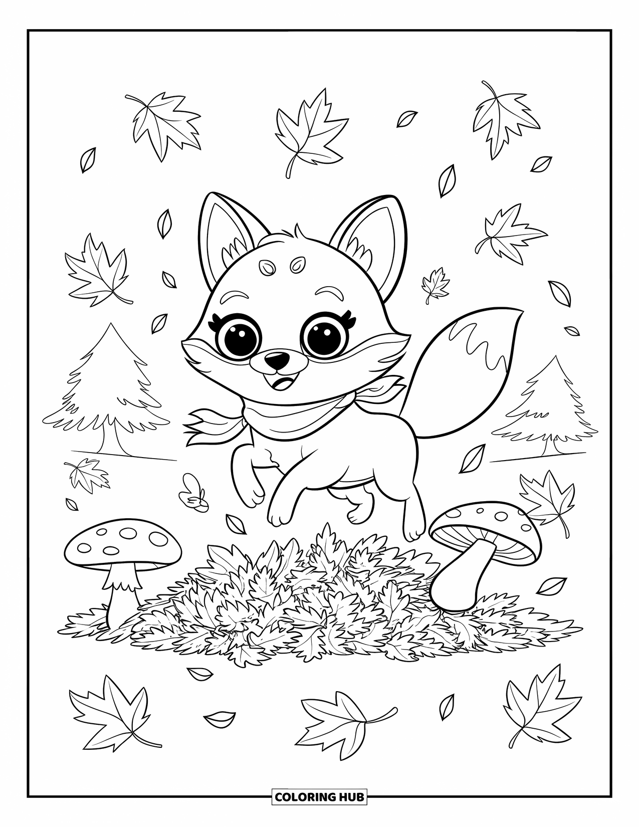 Fall Animal Coloring Page for Kids: Fox with bold eyes jumps through a leafy patch