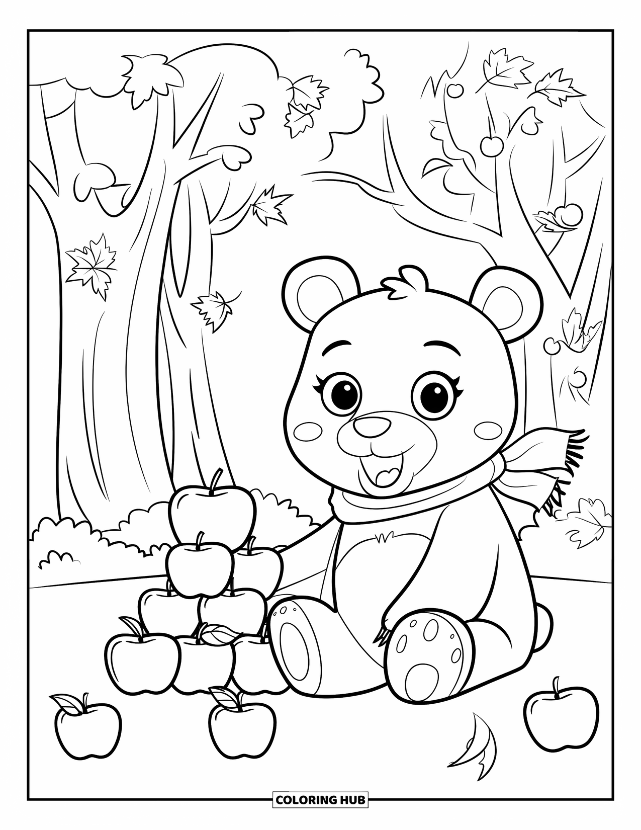 Fall Animal Coloring Page for Kids: Happy bear sits near a stack of fall apples