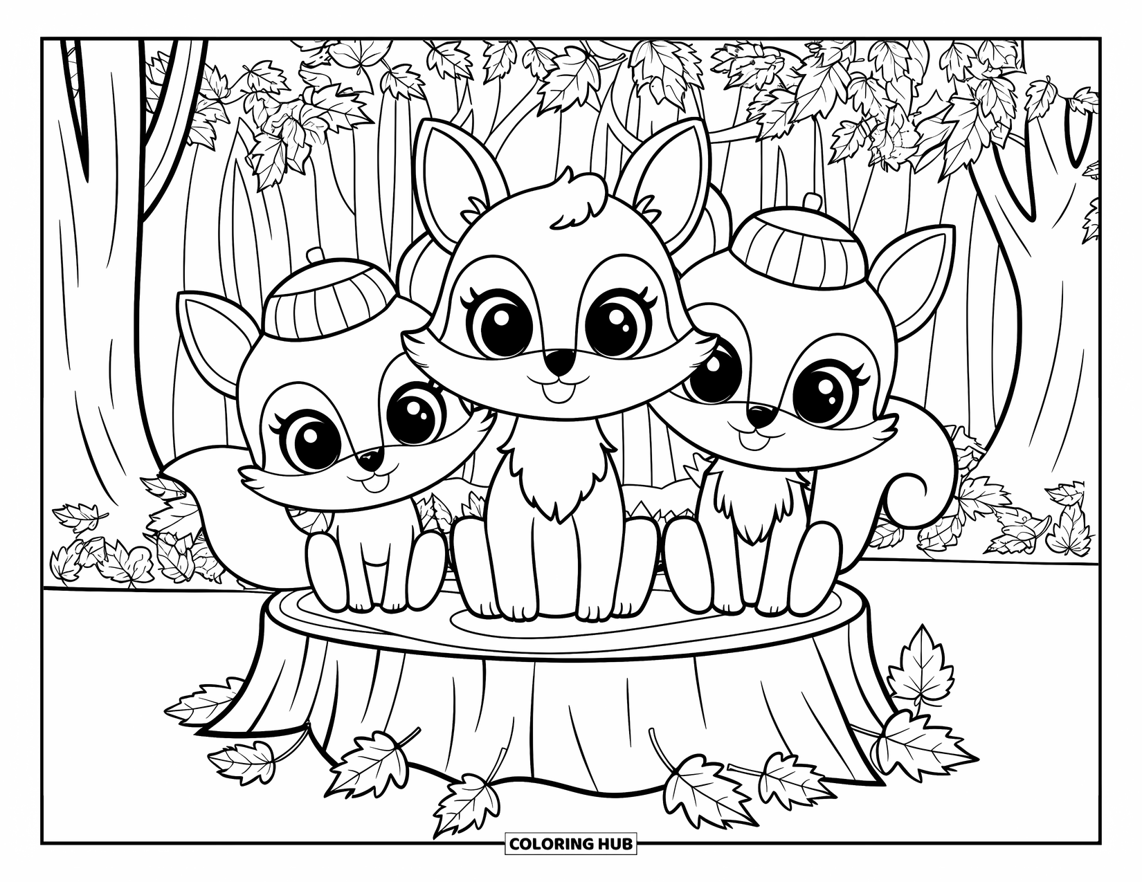 Fall Animal Coloring Page for Kids: Hat-wearing animals sit on a stump with falling leaves