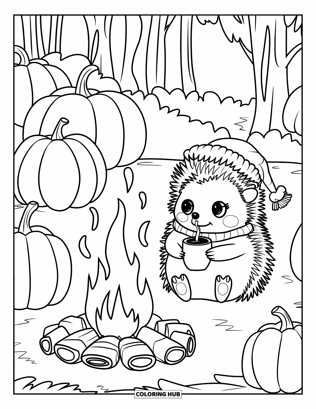 Fall Animal Coloring Page for Kids: Hedgehog with a red scarf warms up near a fire