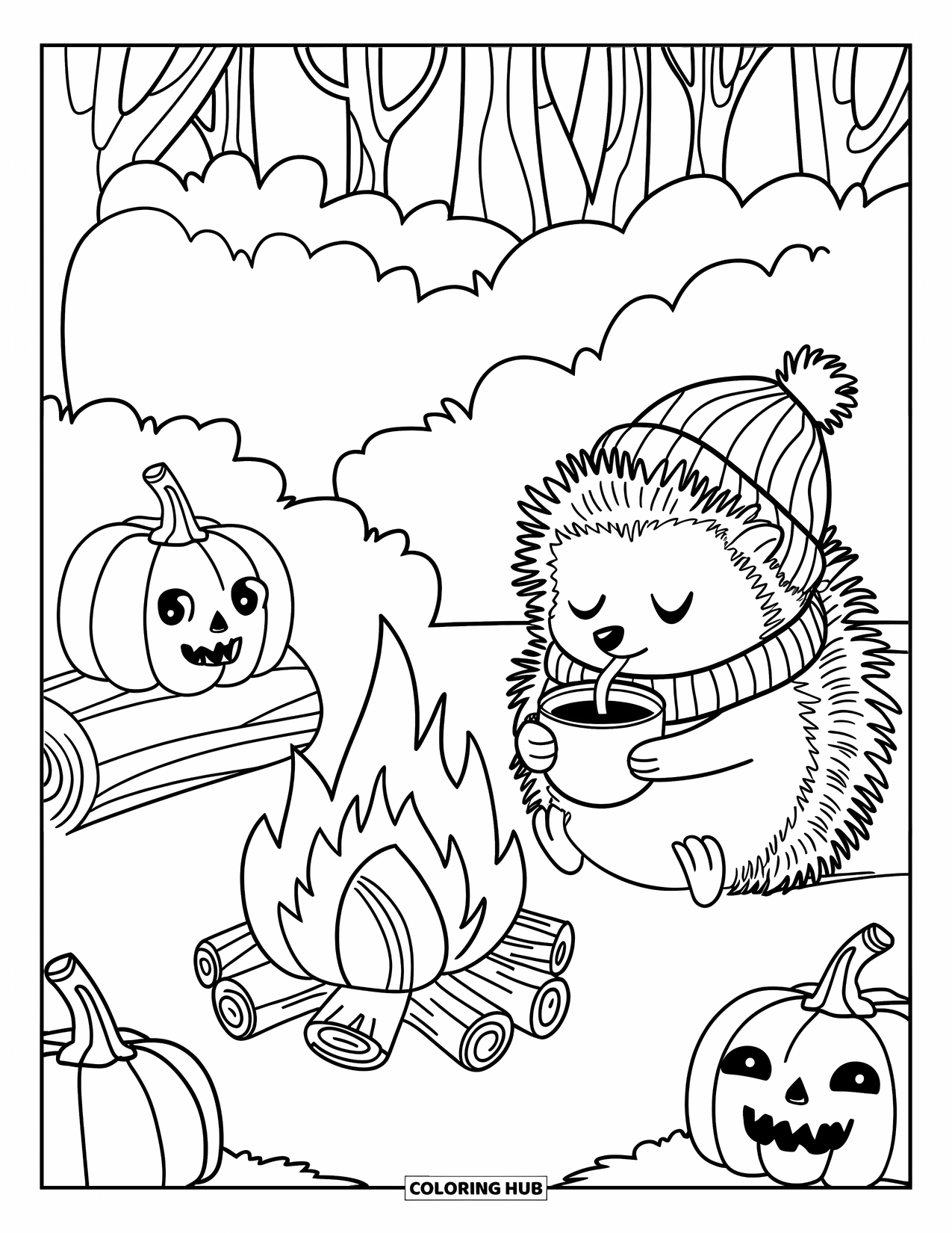 Fall Animal Coloring Page for Kids: Hedgehog with hat drinks cocoa beside carved pumpkins
