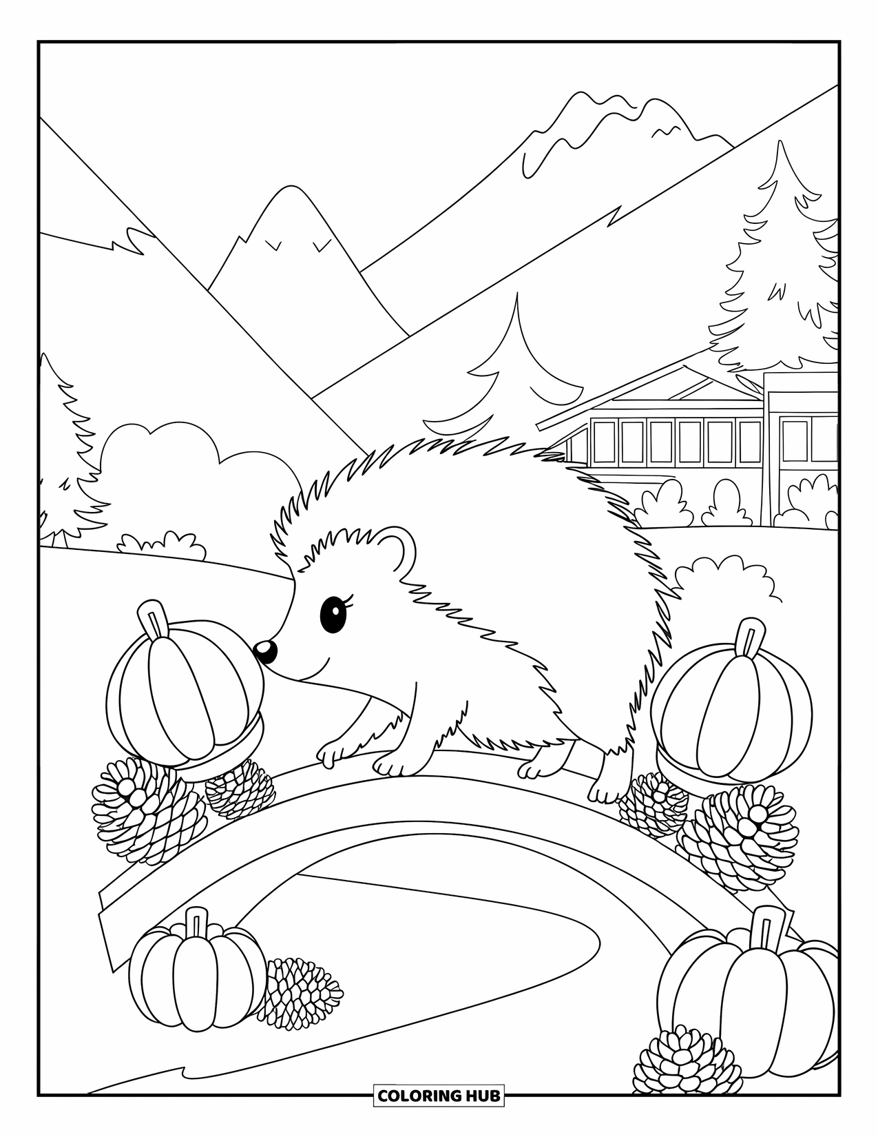Fall Animal Coloring Page for Kids: Hedgehog with scarf on a bridge in the mountains