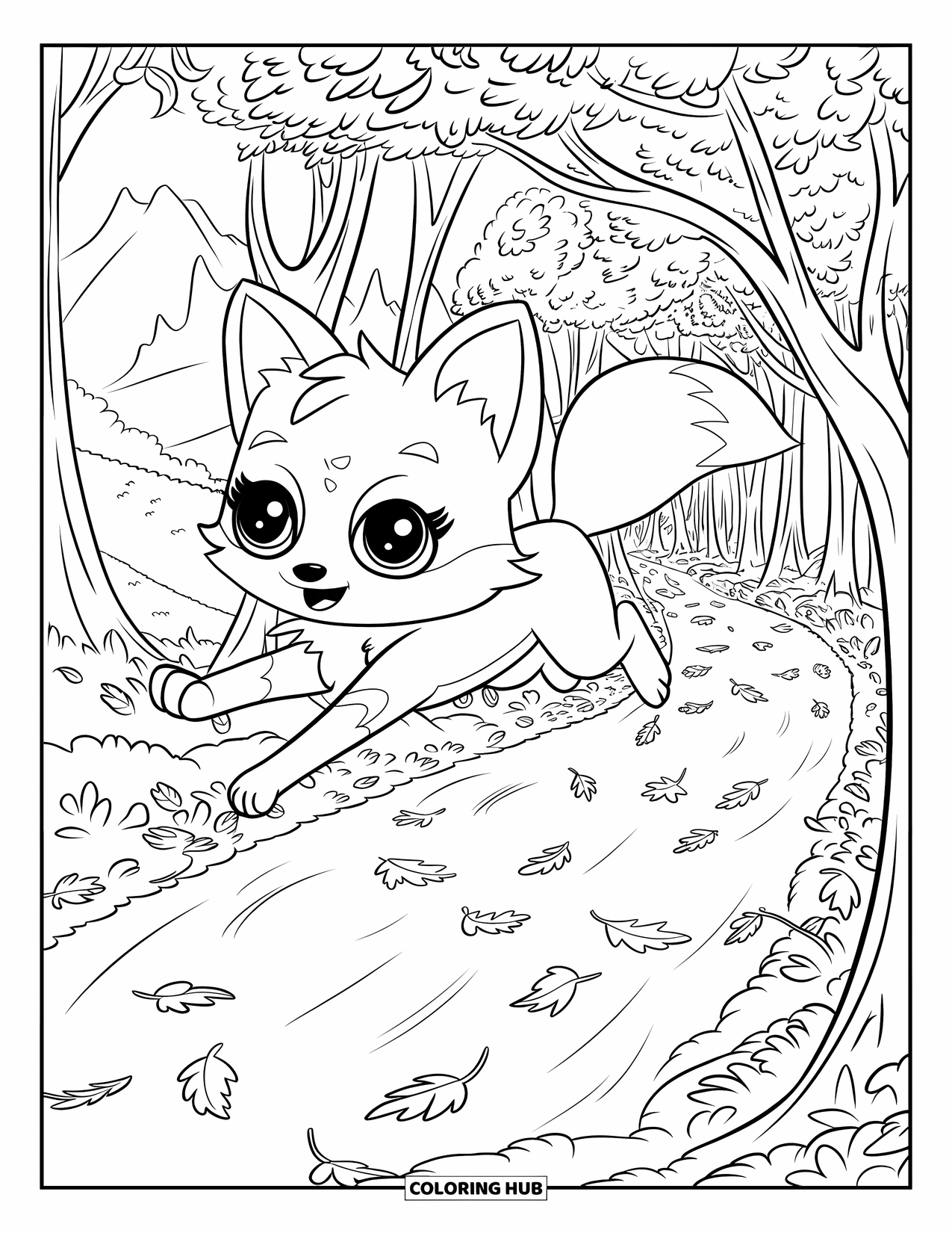 Fall Animal Coloring Page for Kids: Leaping fox with big eyes and a leaf-covered trail