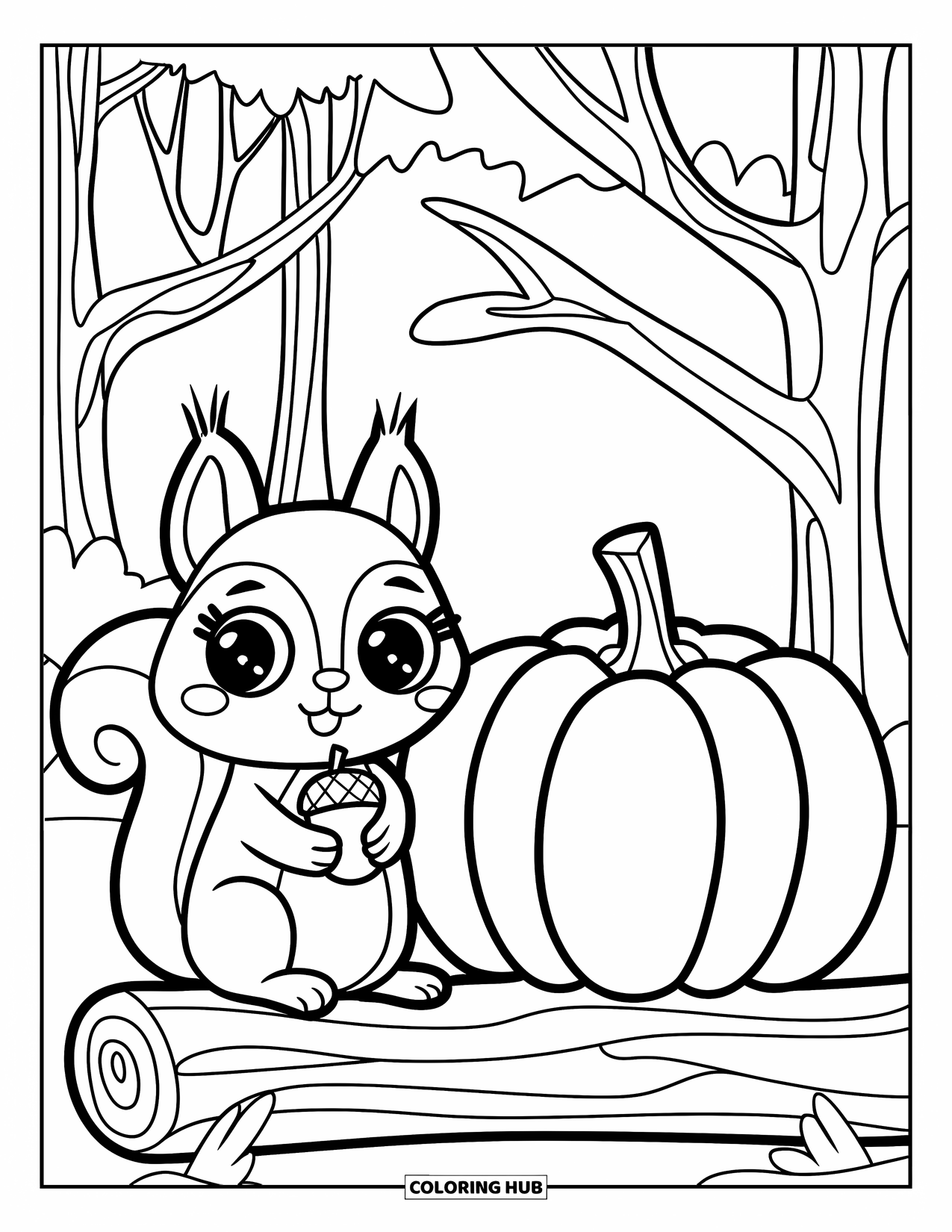 Fall Animal Coloring Page for Kids: Log-sitting squirrel with an acorn and pumpkin