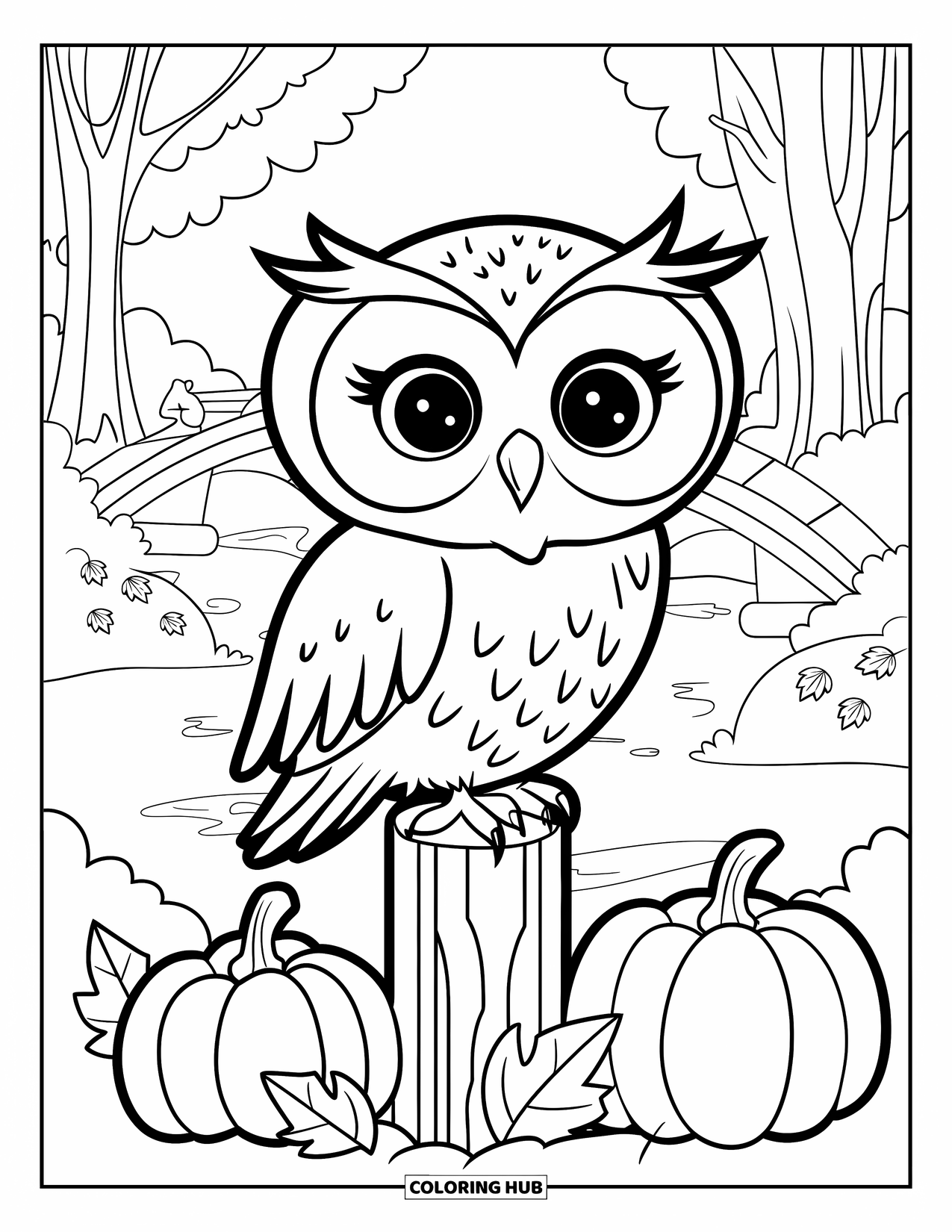 Fall Animal Coloring Page for Kids: Owl by pumpkins with trees and a wooden bridge behind