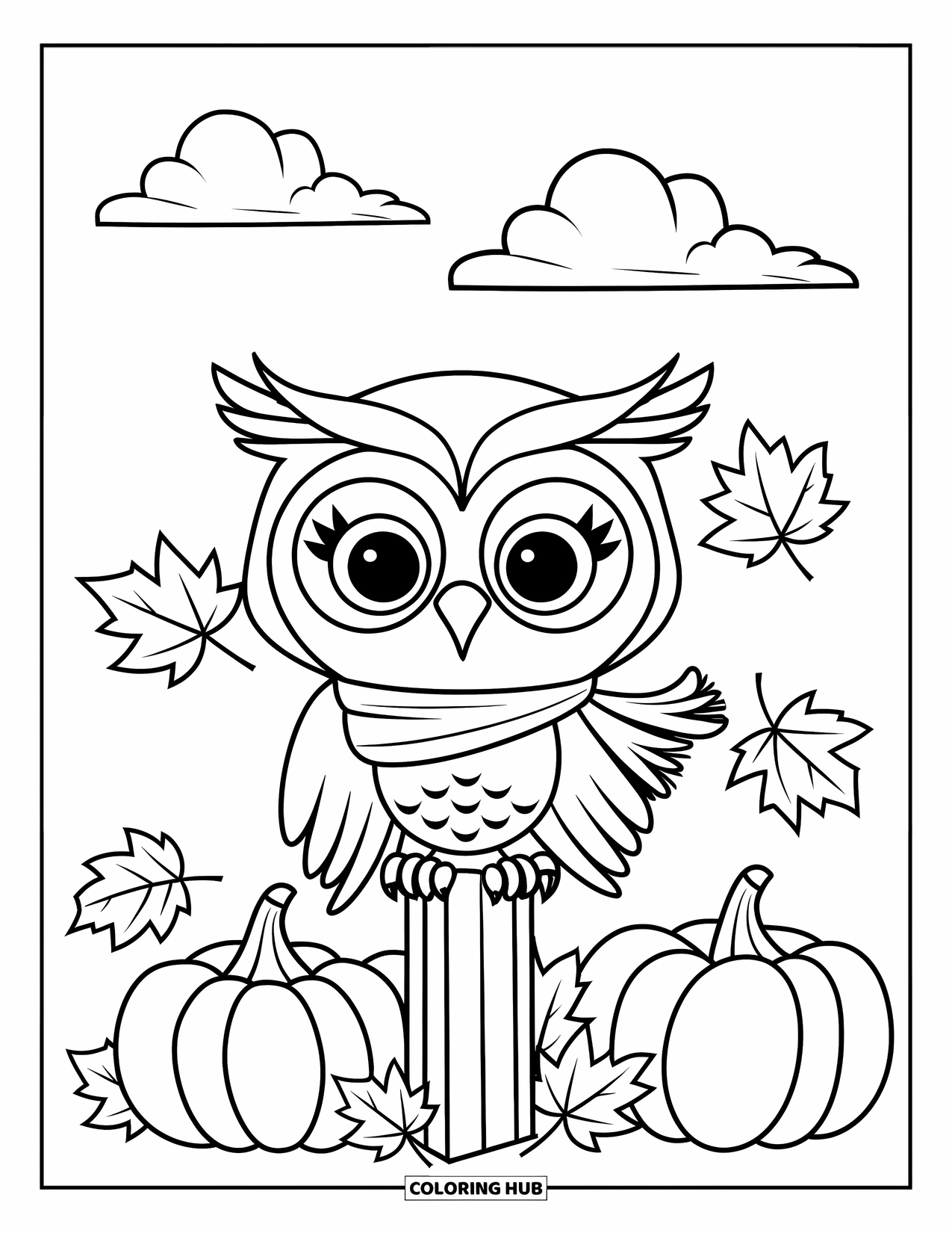 Fall Animal Coloring Page for Kids: Owl in a scarf perched near pumpkins and swirling leaves