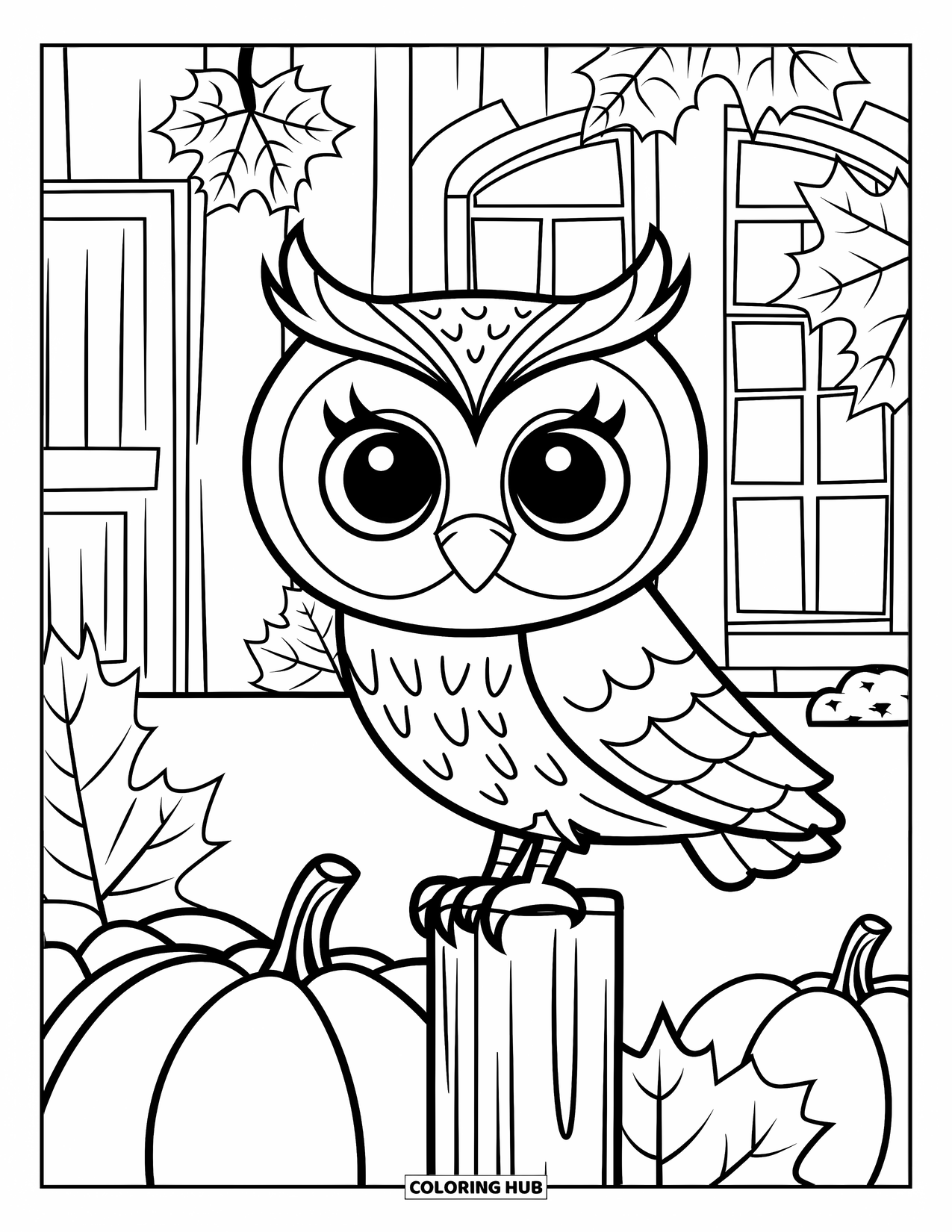 Fall Animal Coloring Page for Kids: Owl on a post with pumpkins and fluffy clouds around