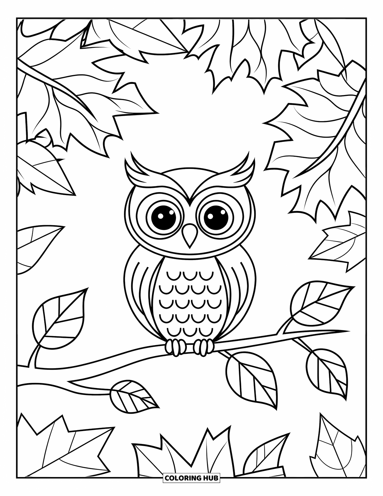 Fall Animal Coloring Page for Kids: Owl perched with leaves, ready for preschool fun