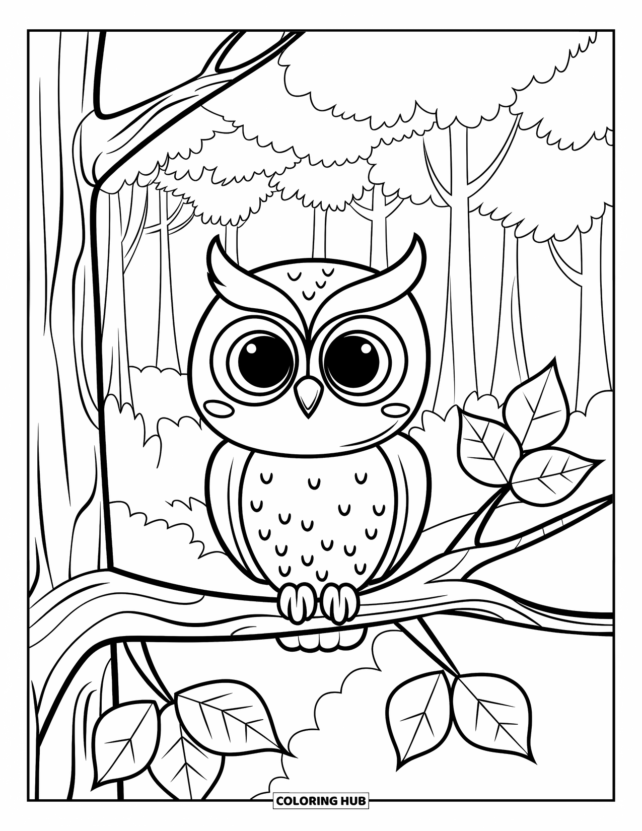Fall Animal Coloring Page for Kids: Owl sits in a forest of leaves and trees