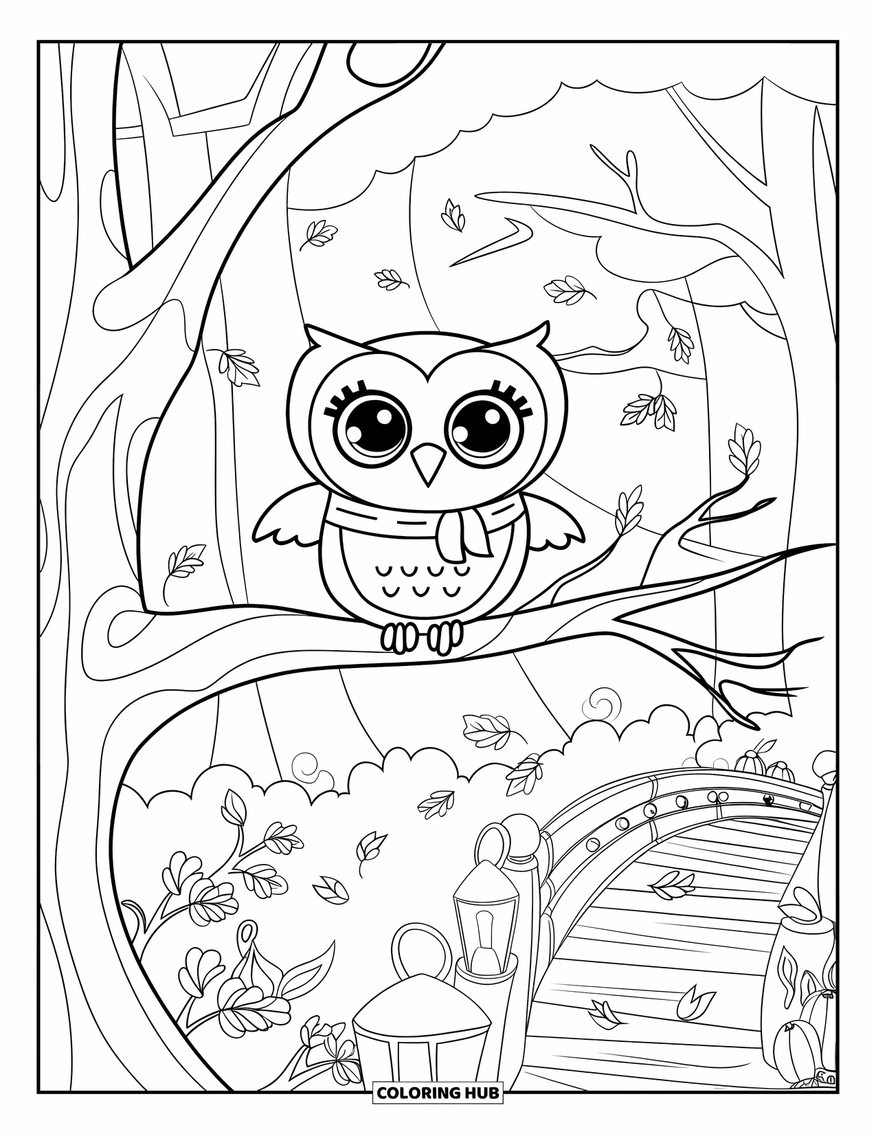 Fall Animal Coloring Page for Kids: Owl sits on a branch with lanterns and flying leaves