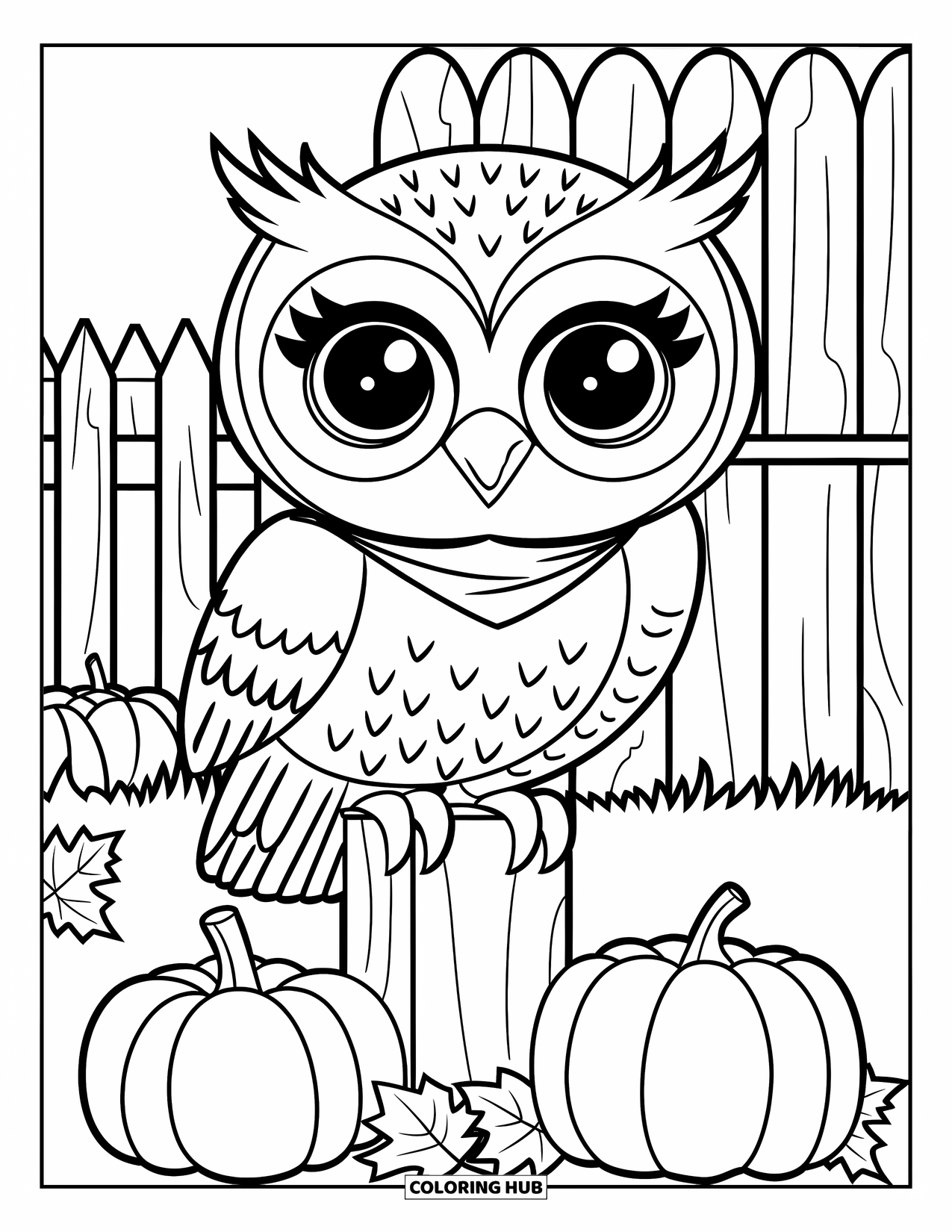 Fall Animal Coloring Page for Kids: Owl with a scarf near a gate, surrounded by pumpkins and leaves