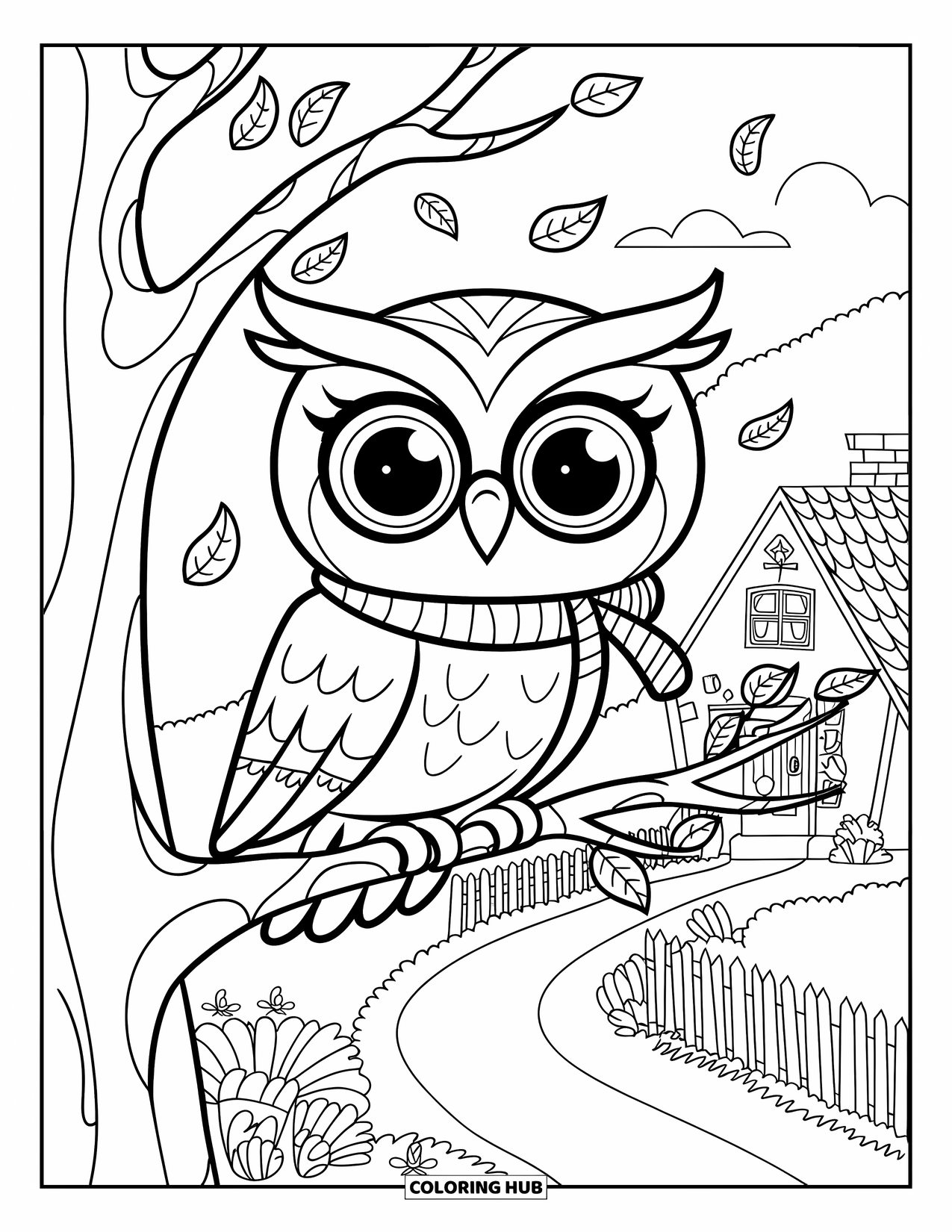 Fall Animal Coloring Page for Kids: Owl with scarf perched by a cozy fence and cottage