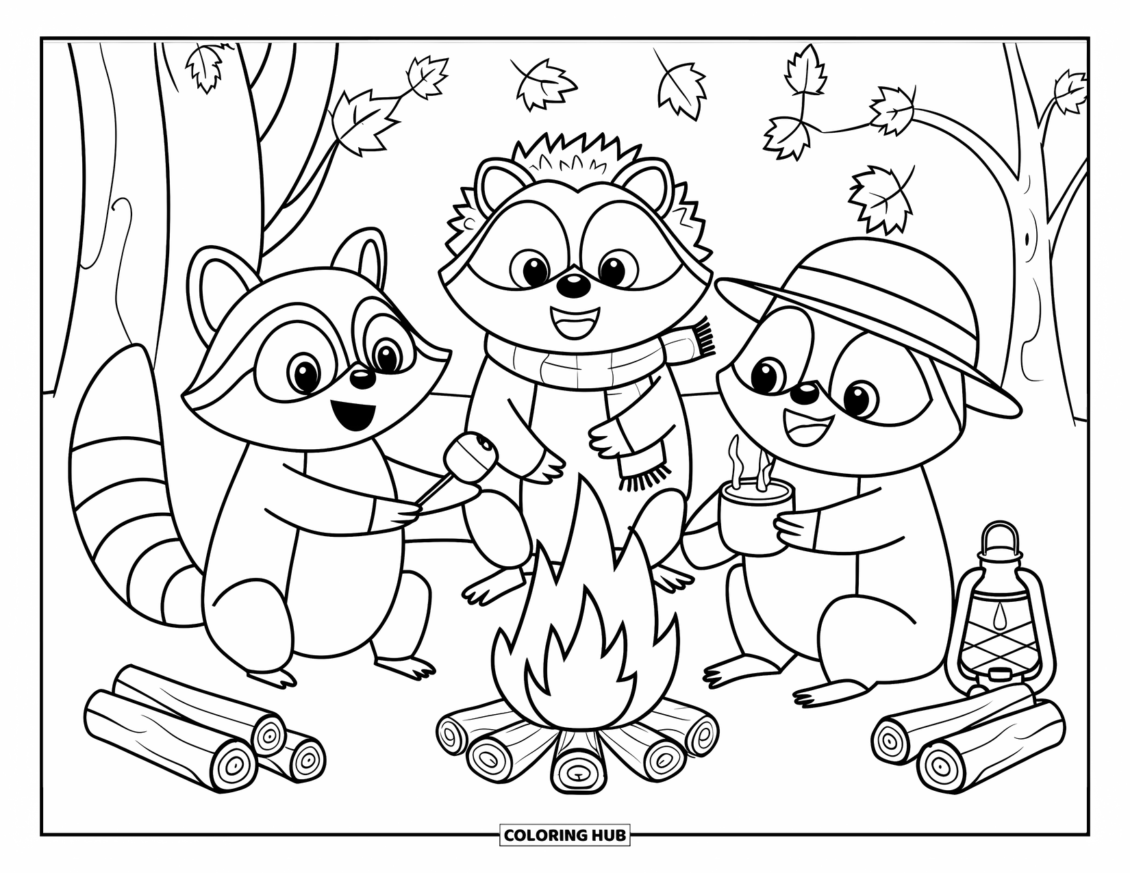 Fall Animal Coloring Page for Kids: Raccoon, hedgehog, and owl enjoy snacks by a campfire