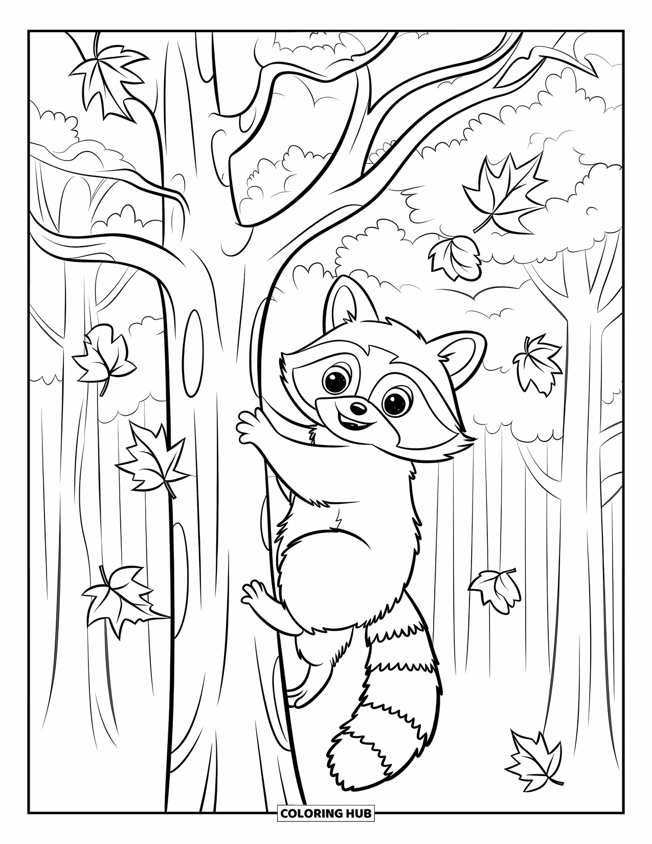 Fall Animal Coloring Page for Kids: Raccoon holds a branch while fall leaves float nearby
