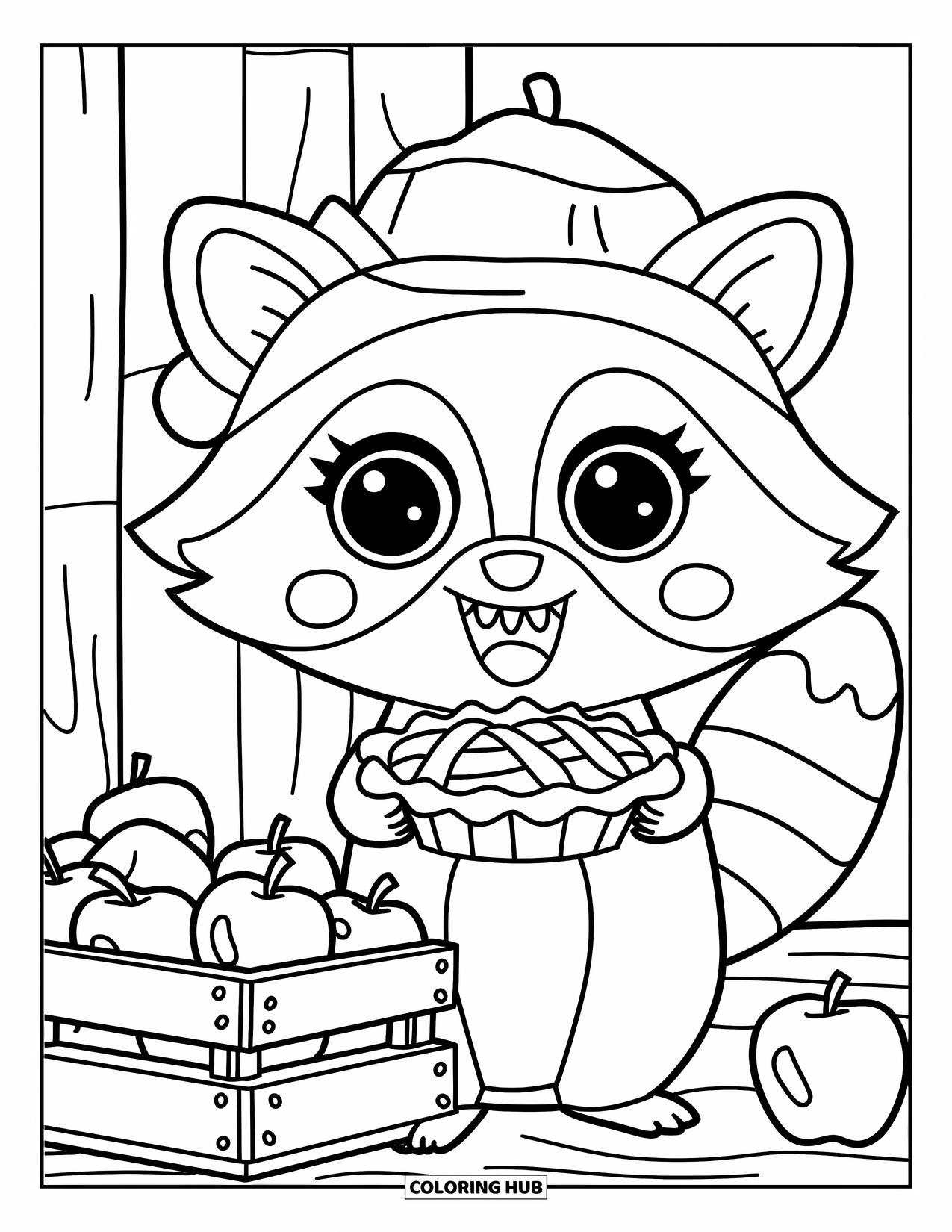 Fall Animal Coloring Page for Kids: Raccoon in a hat smiles beside apples and pie