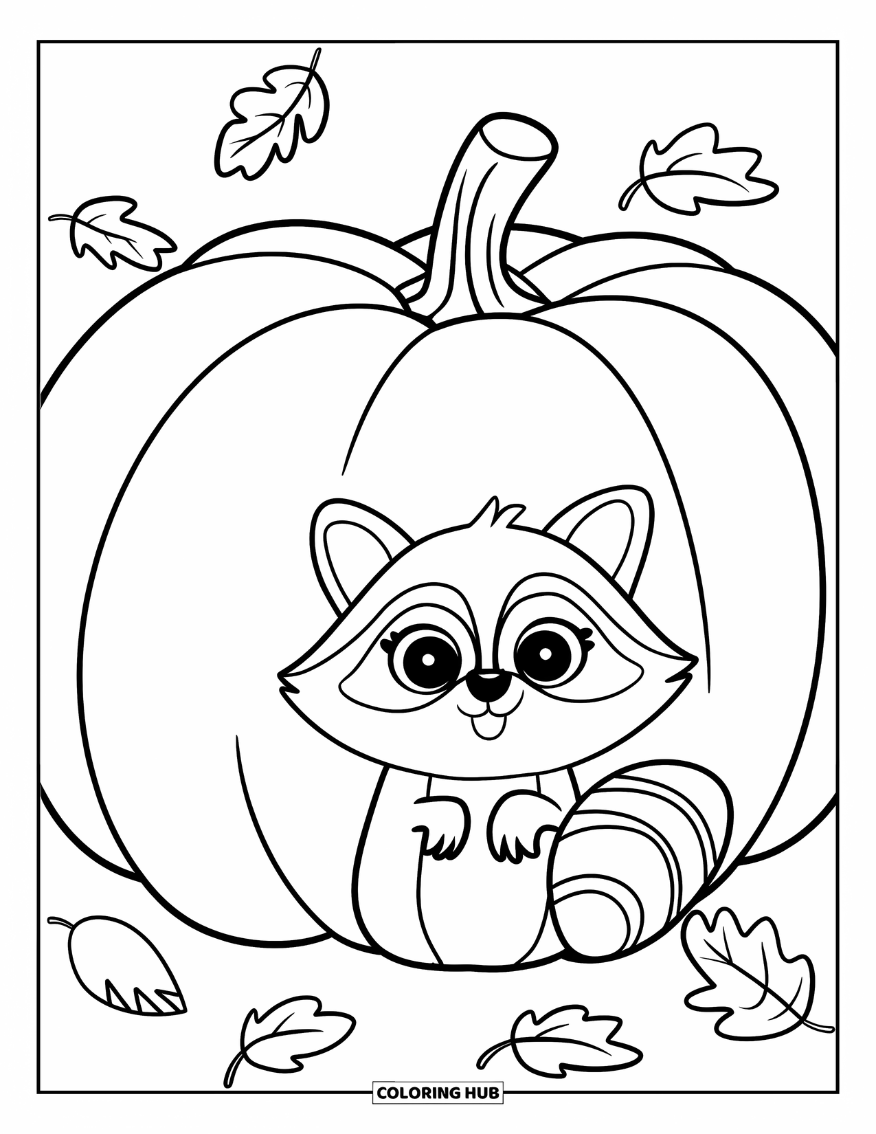 Fall Animal Coloring Page for Kids: Raccoon smiles behind a pumpkin in a leafy yard