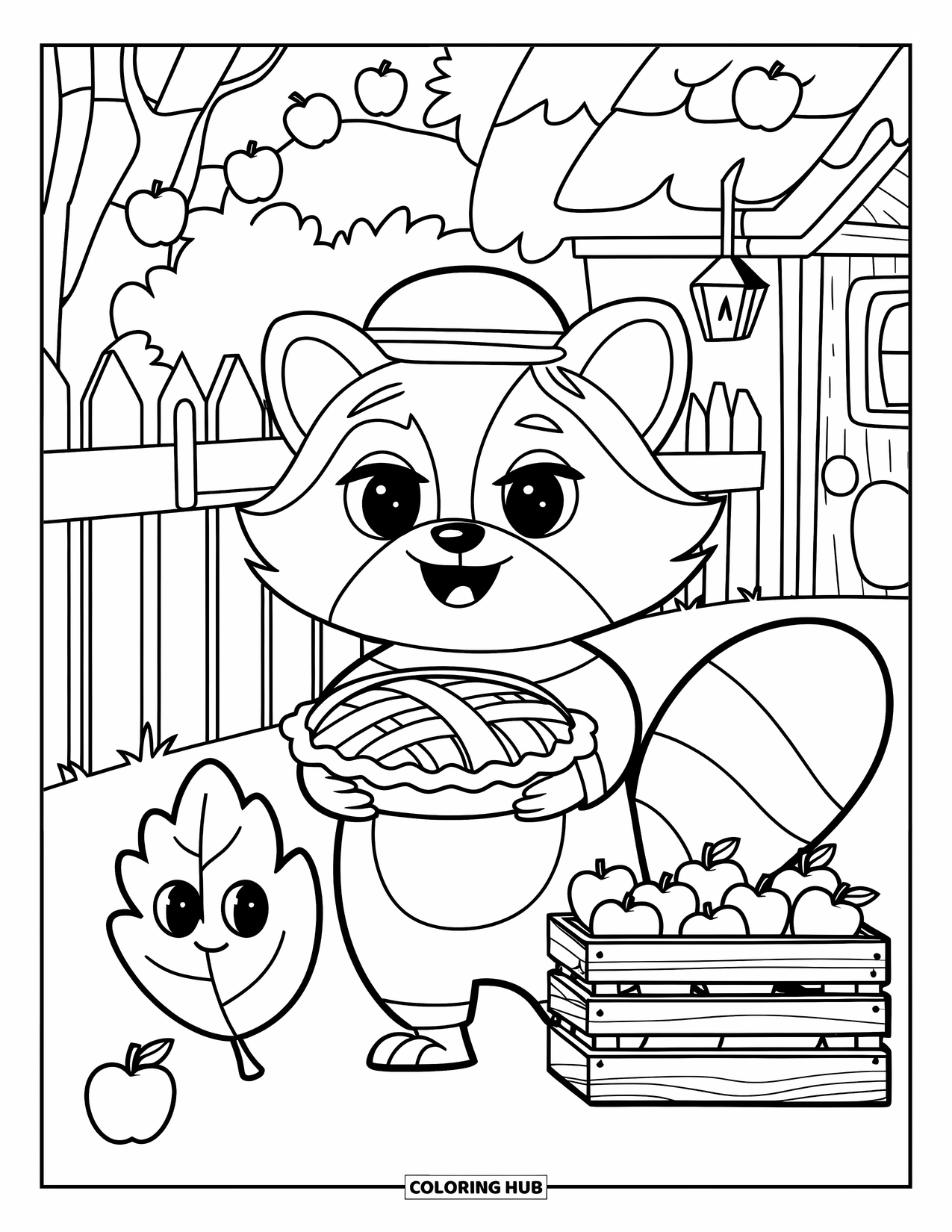 Fall Animal Coloring Page for Kids: Raccoon with a pie stands near a cozy wooden cottage