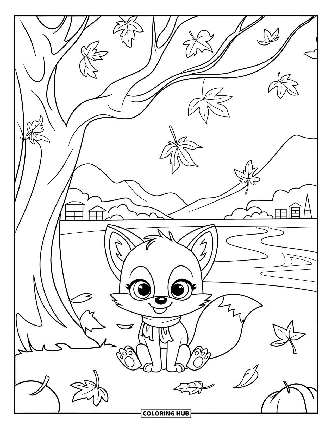Fall Animal Coloring Page for Kids: Scarfed baby fox sits near leaves and a quiet river