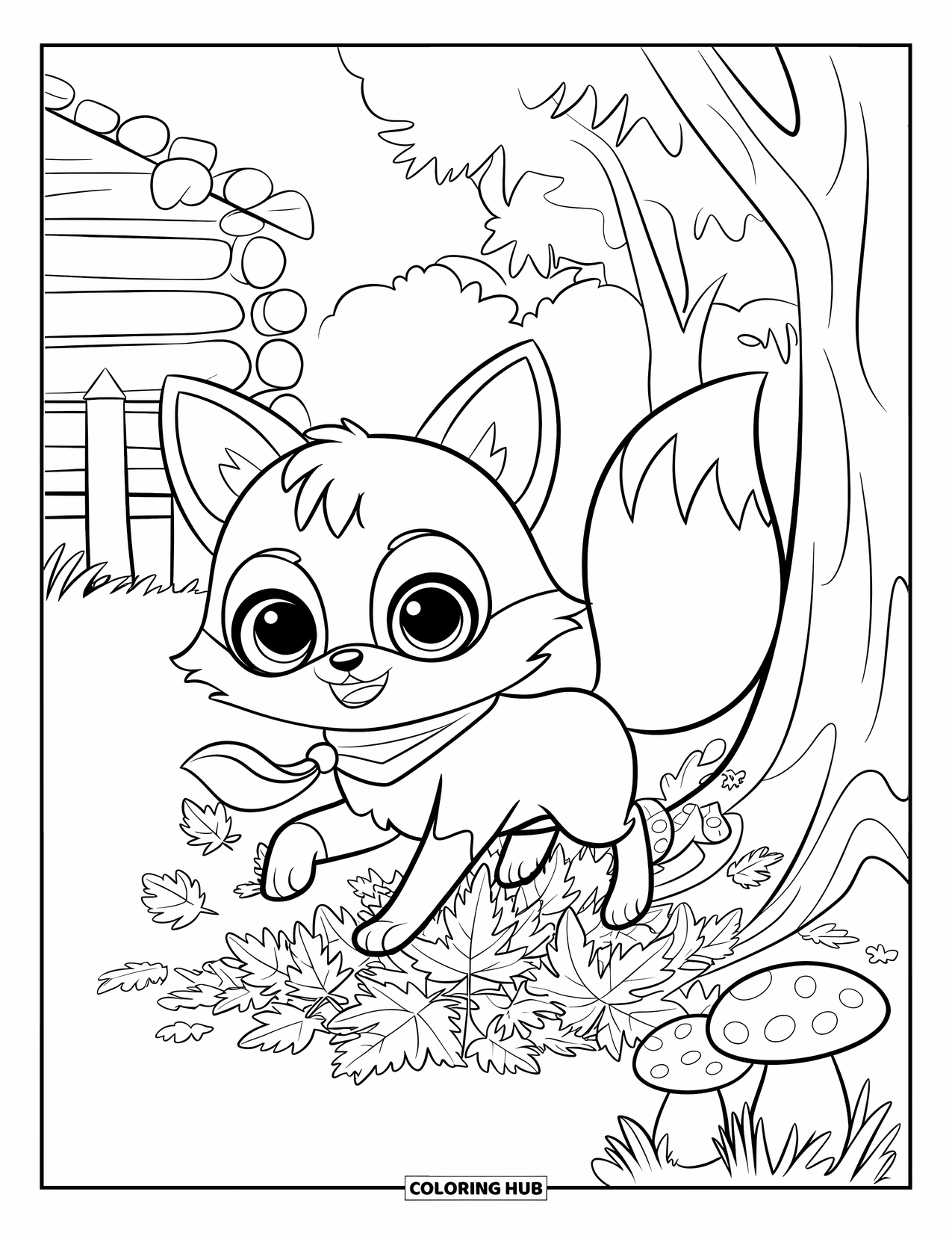 Fall Animal Coloring Page for Kids: Scarfed fox leaps into a crunchy pile of leaves