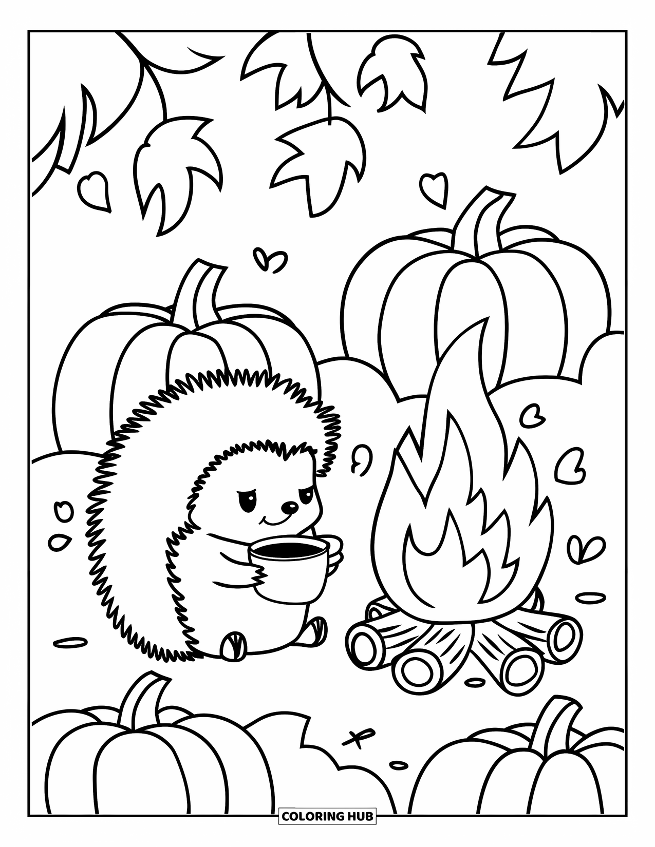 Fall Animal Coloring Page for Kids: Scarfed hedgehog warms up near pumpkins and fire