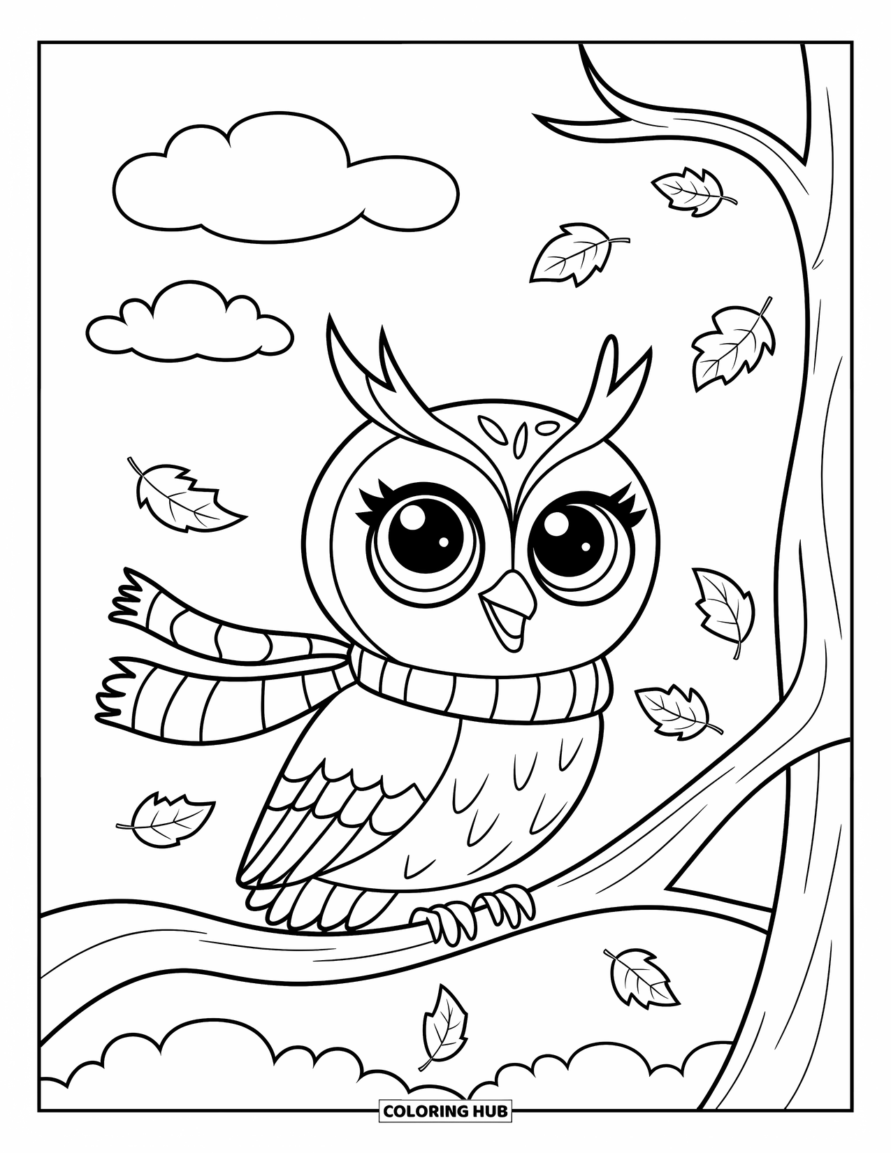 Fall Animal Coloring Page for Kids: Scarfed owl watches leaves swirl in the breeze