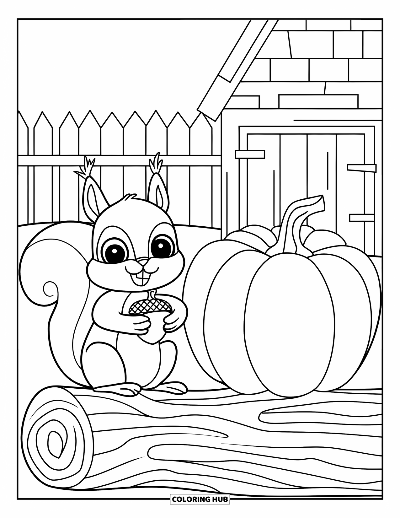 Fall Animal Coloring Page for Kids: Squirrel sits by a pumpkin near a rustic shed